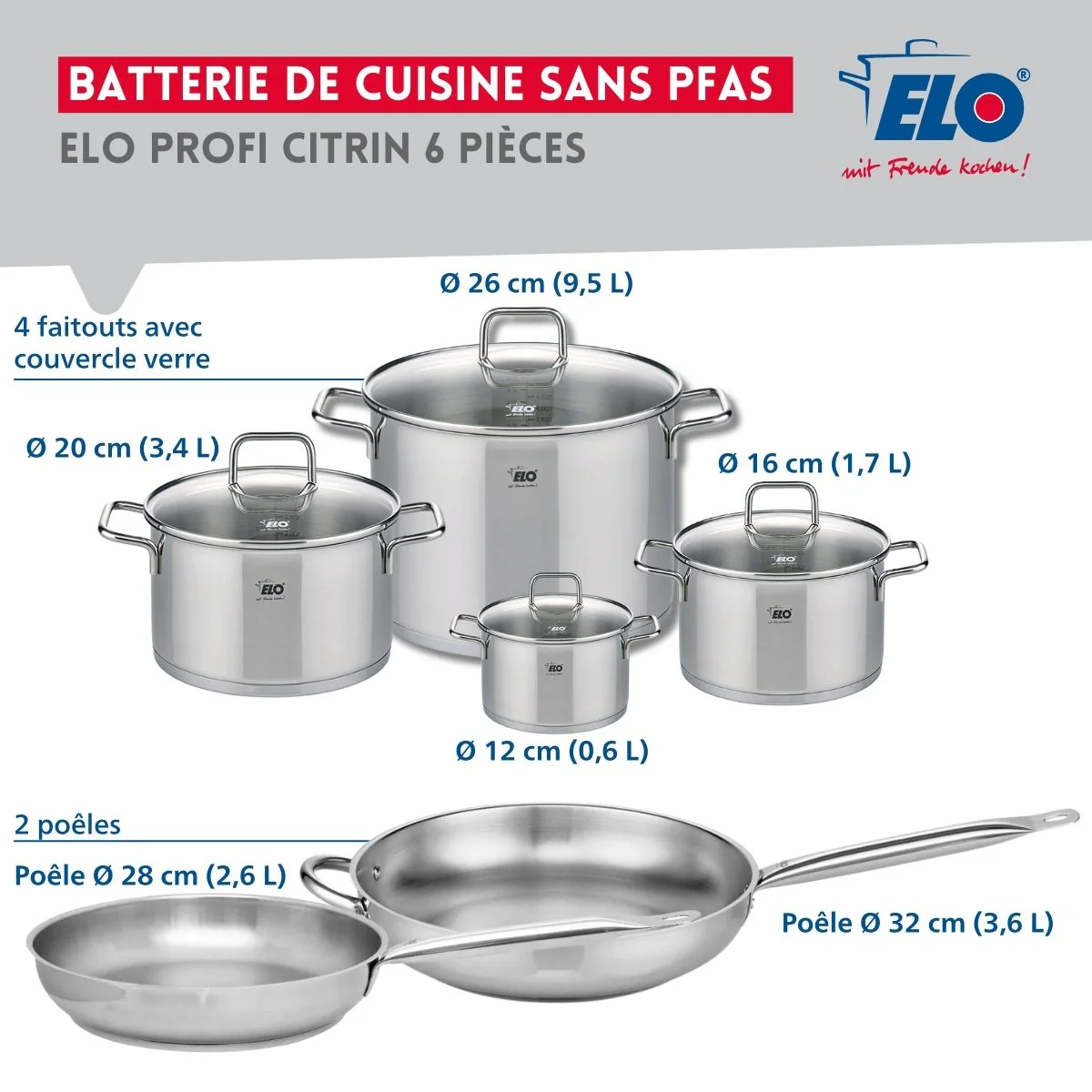 Ensemble de 2 Poêles de cuisson 28 et 32 cm et 4 faitouts 12, 16, 20 et 26 cm Elo Profi Citrin Elo