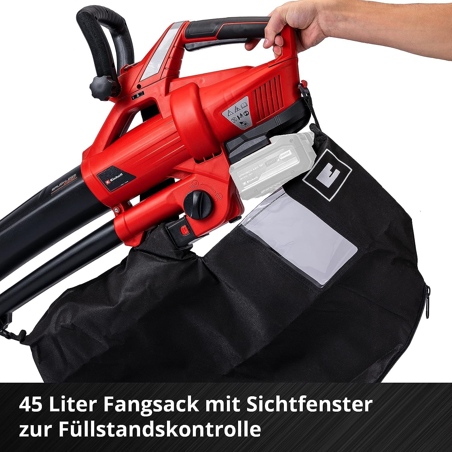 Einhell Akku-Laubsauger Laubblser GE-CL 36 Li E-Solo Power X-Change (Lithium-Ionen, 2 x 18 V, 210 km/h Luftgeschwindigkeit, bürstenloser Motor, 45 l-Fangsack, Tragegurt, ohne und Ladegert)