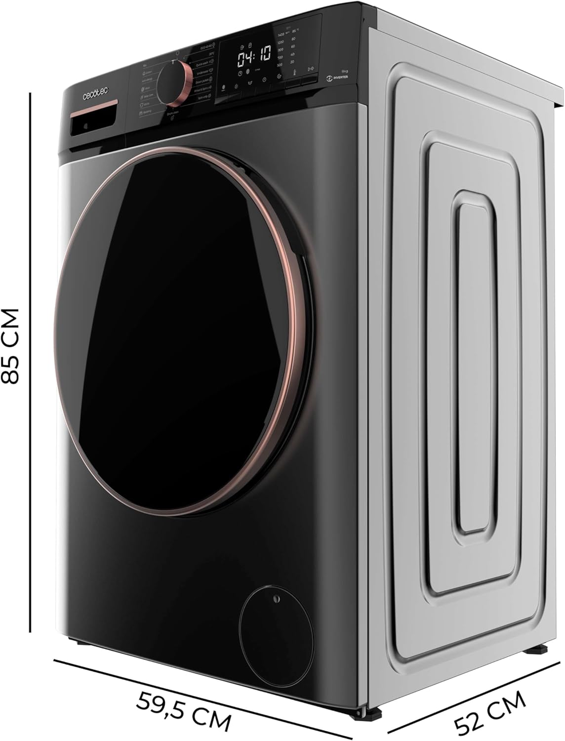 Cecotec Lave-linge 10Kg Bolero DressCode 10610 Inverter Steel A. Chargement Frontale, 1400 RPM, Steam Max, Motor Inverter Plus, 15 Programmes, OnSmart, Stop&Go, Caoutchouc Antibactérien, Drum Clean