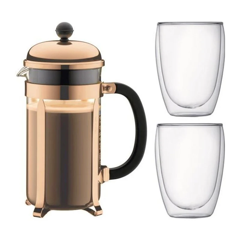 Bodum Chambord Set Cafetiere A Piston - 8 Tasses - 1l -marron - Avec 2 Verres Double Paroi Pavina 0,35l Bodum