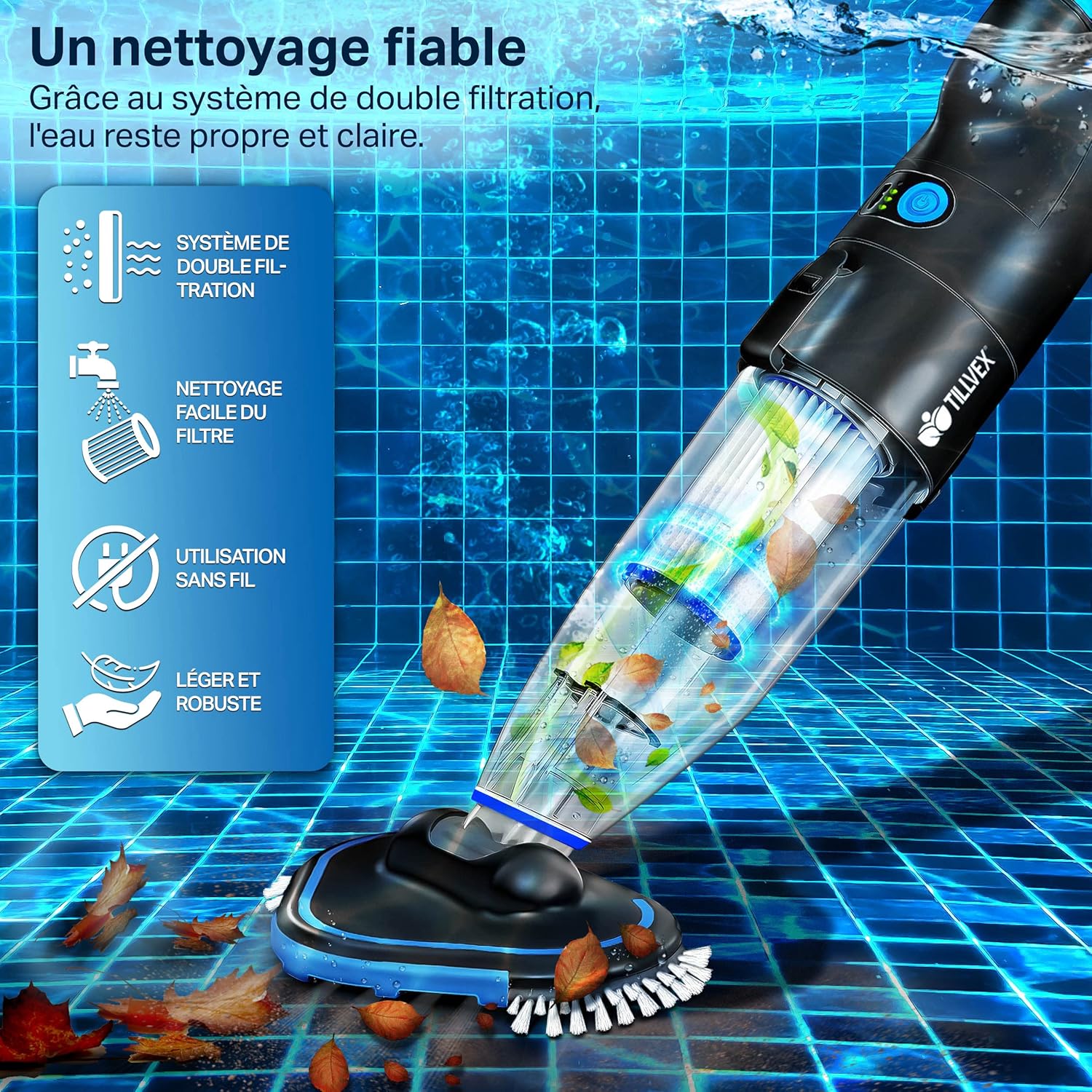 tillvex Aspirateur Électrique pour Piscines | Nettoyeur de Piscine sans Fil avec Manche Télescopique | Kit de Nettoyage avec Filtre & 2 Vitesses | Rechargeable