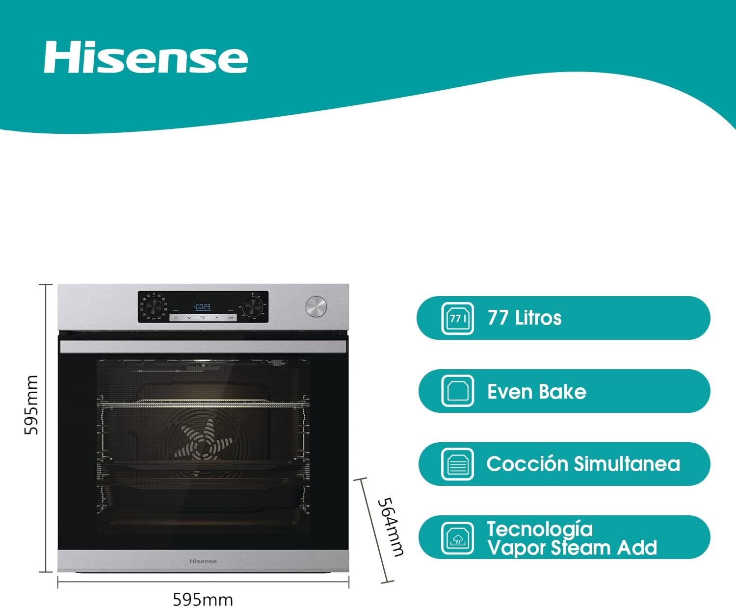 Hisense BSA66226AX Four multifonction - Cavité XXL de 77L, Vapeur + Air Fry, Cuisson simultanée 5 niveaux, Ventilateur XXL, Mode Pizza 300°C, Portes amovibles, Inox, Classe A