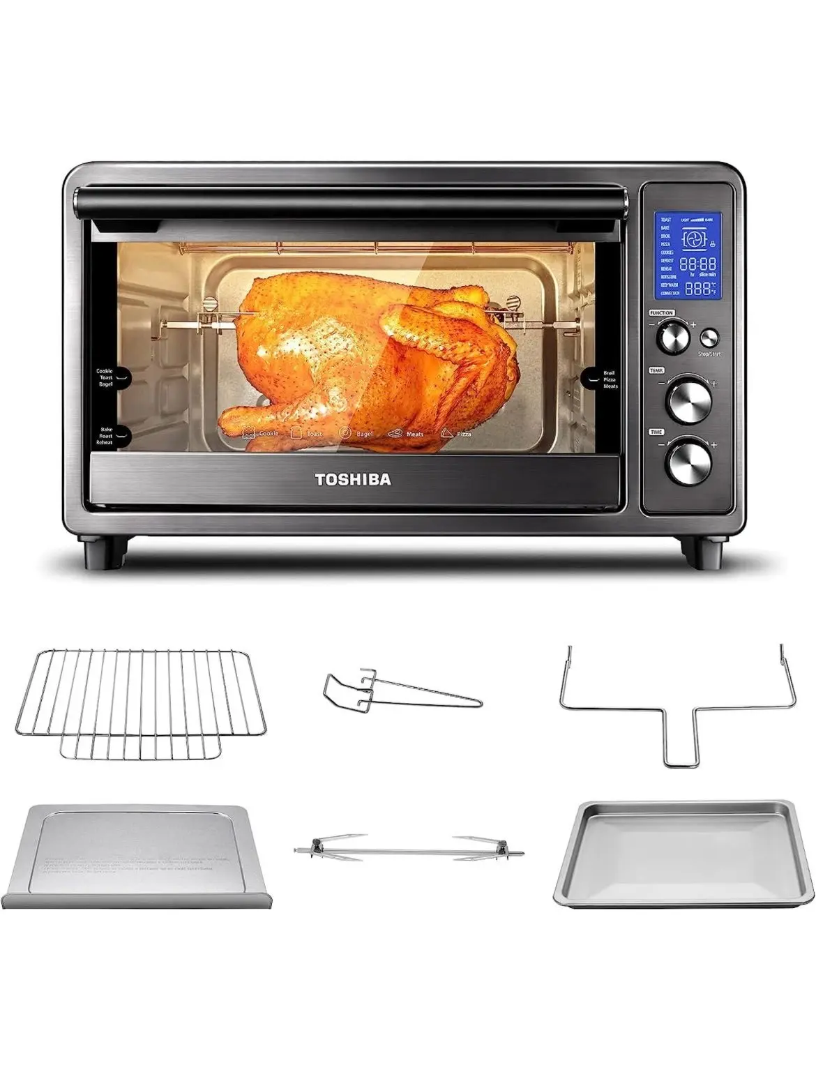 TOSHIBA AC25CEW-BS Large 6-Slice Convection Toaster Oven Countertop, 10-In-One with Toast, Pizza and Rotisserie, 1500W, Black Stainless Steel, Includes 6 Accessories