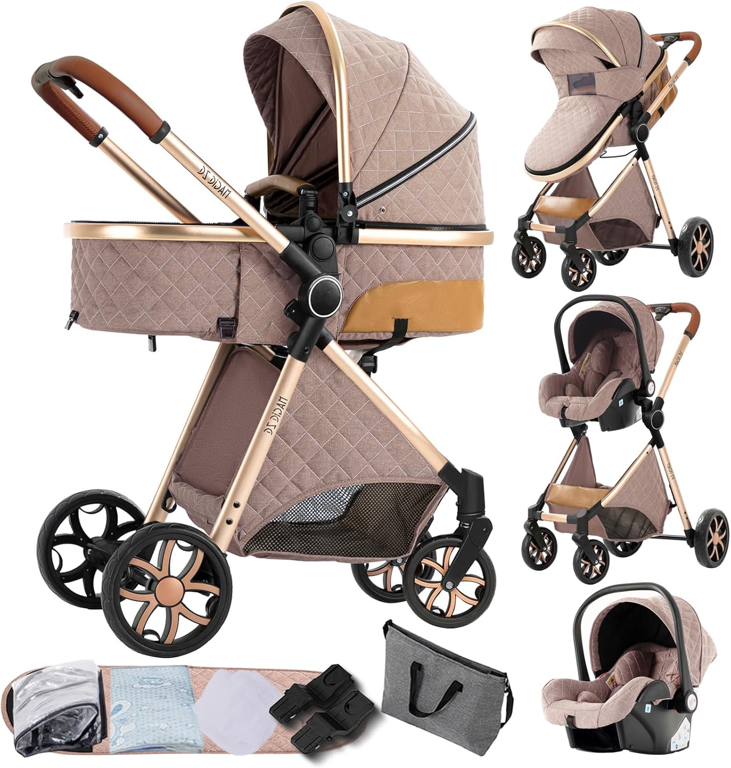 Magic ZC Poussette 3 en 1, Poussette Bebe avec Conception Portable Pliable en Un Clic, Pousette 3 en 1 avec Poussée Réversible Bidirectionnelle, Poussette Trio avec Accessoires (black gold 588)