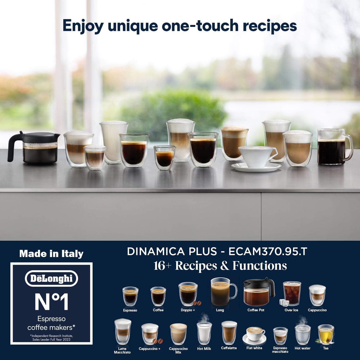 De'Longhi Dinamica Plus ECAM 370.95.T, Machine a Cafe Grain avec Système Lait, Cappuccino et Espresso, Écran Tactile TFT de 3.5 et Contrôle via Application, Fonction Carafe à Café, 1450W, Titan