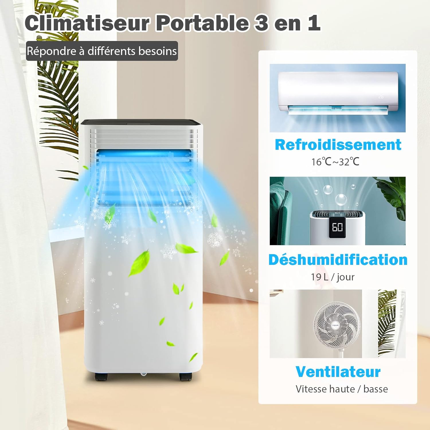 RELAX4LIFE Climatiseur Mobile Silencieux 9000BTU, Climatiseur Portable 4 en 1, Refroidisseur d'Air, Ventilateur, Déshumidificateur, Mode Nuit, 15-20㎡, Télécommande, Minuterie 24H, Classe Energie A
