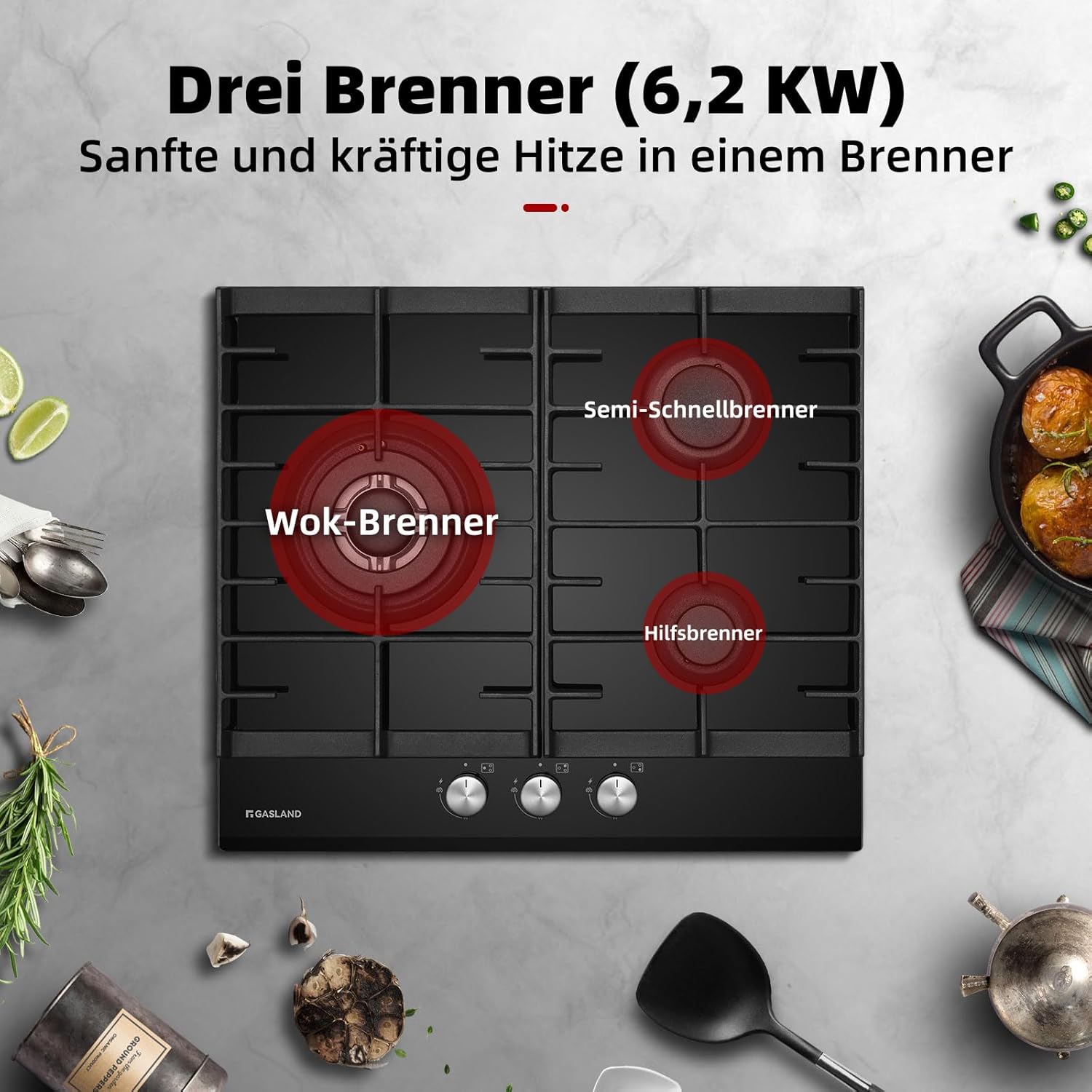 GASLAND GH2805BG1FC Table de cuisson à gaz 5 feux, Cuisinière à gaz avec brûleur wok, Table de cuisson à gaz encastrable, 76cm noir Cuisinière à gaz en verre, Cuisinière à gaz 10,4KW, GPL/NG