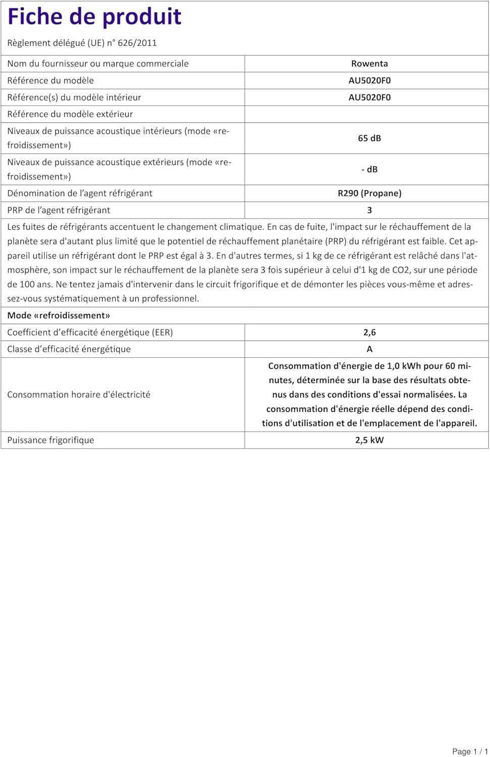 Rowenta Climatiseur portable, 3000 W, Performance énergétique classe A, Refroidissement puissant, Silencieurx, Compact, Couverture jusqu'à 100 m3, Fonction éco, Turbo Eco Sense AU5610F0