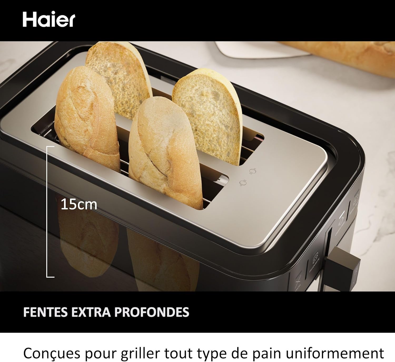 Pack Petit Déjeuner Grille-Pain Toaster+Bouilloire Haier I-Master Série 5, Acier Inoxydable, Fentes Extra Profondes, 7 Niveaux de Brunissage, 7 Réglages de Température Fonction Maintien au Chaud