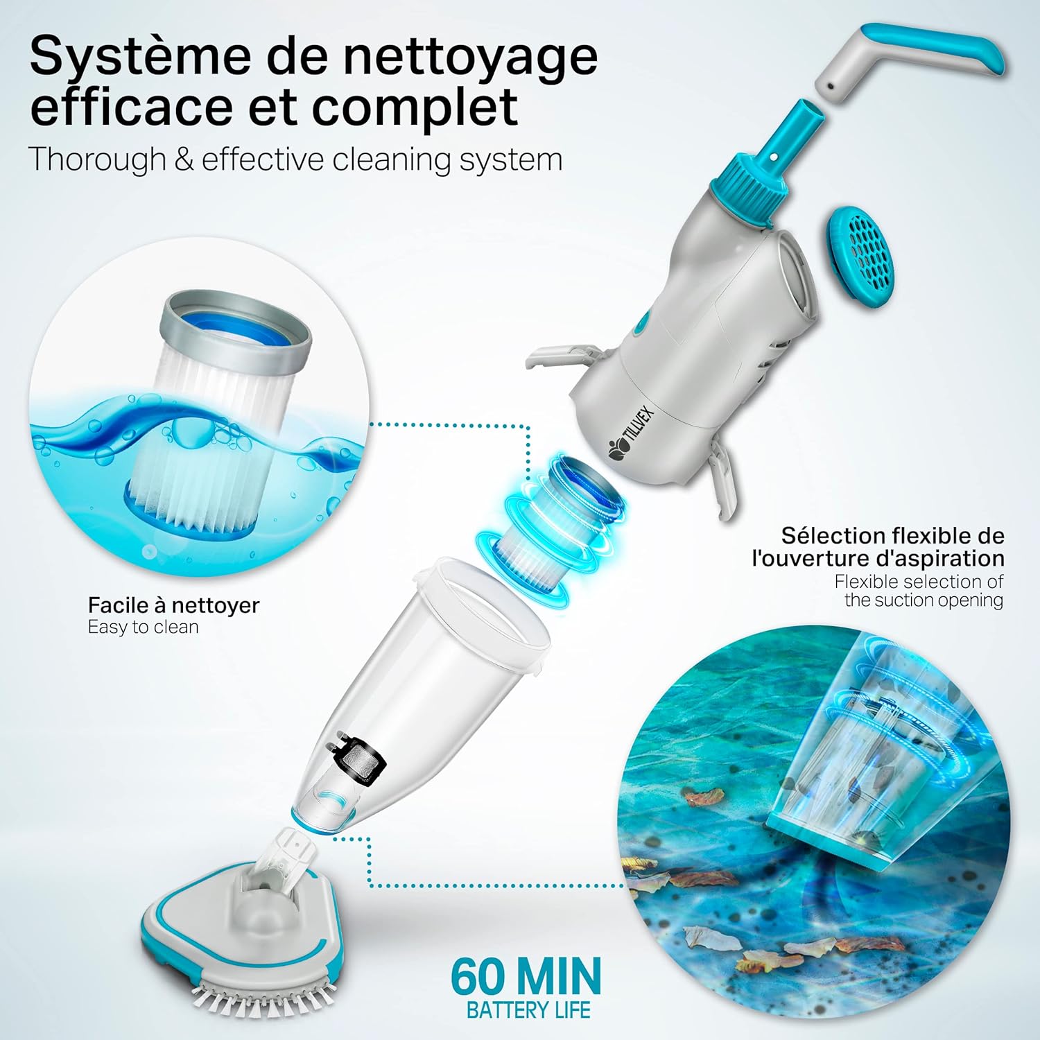 tillvex Aspirateur Électrique pour Piscines | Nettoyeur de Piscine sans Fil avec Manche Télescopique | Kit de Nettoyage avec Filtre & 2 Vitesses | Rechargeable
