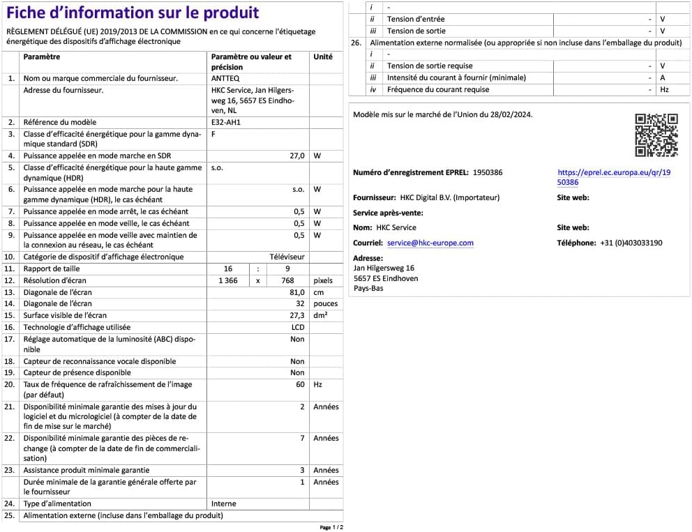 Antteq AB42D1 télévision 42 Pouces (TV 107 cm), Dolby Audio, LED, Triple Tuner DVB-C / T2 / S2, CI+, HDMI, Lecteur multimédia Via USB, Sortie Audio numérique, y Compris Mode hôtel