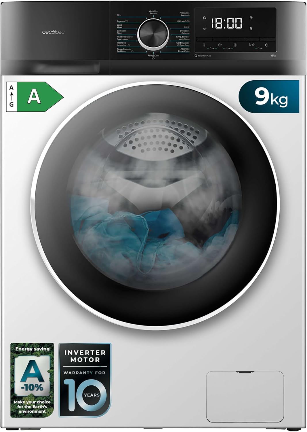 Cecotec Lavadora 8 Kg Carga Frontal Bolero Dresscode 8500 Inverter A. 1900 W, 1400 rpm, Motor Inverter Plus, Bajo Consumo, 16 Programas, SteamMax, Delay Start, Blanco