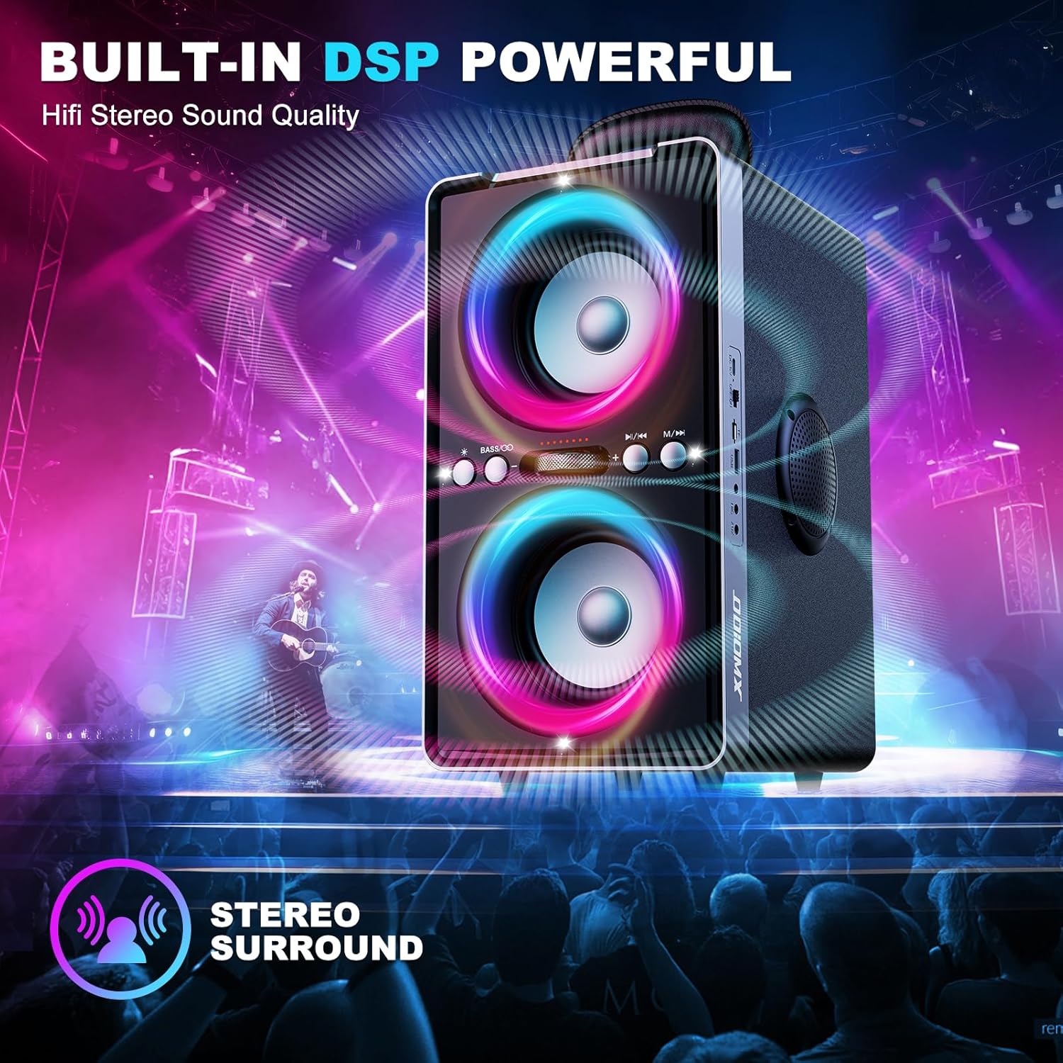 Enceinte Bluetooth Puissante, 200W Enceinte Portable Bluetooth avec Super Bass, Autonomie 15 hrs, LED Light Show, Appairage TWS, Lecture USB/TF Carte/AUX, pour Extérieur, Maison, Fêtes, Camping