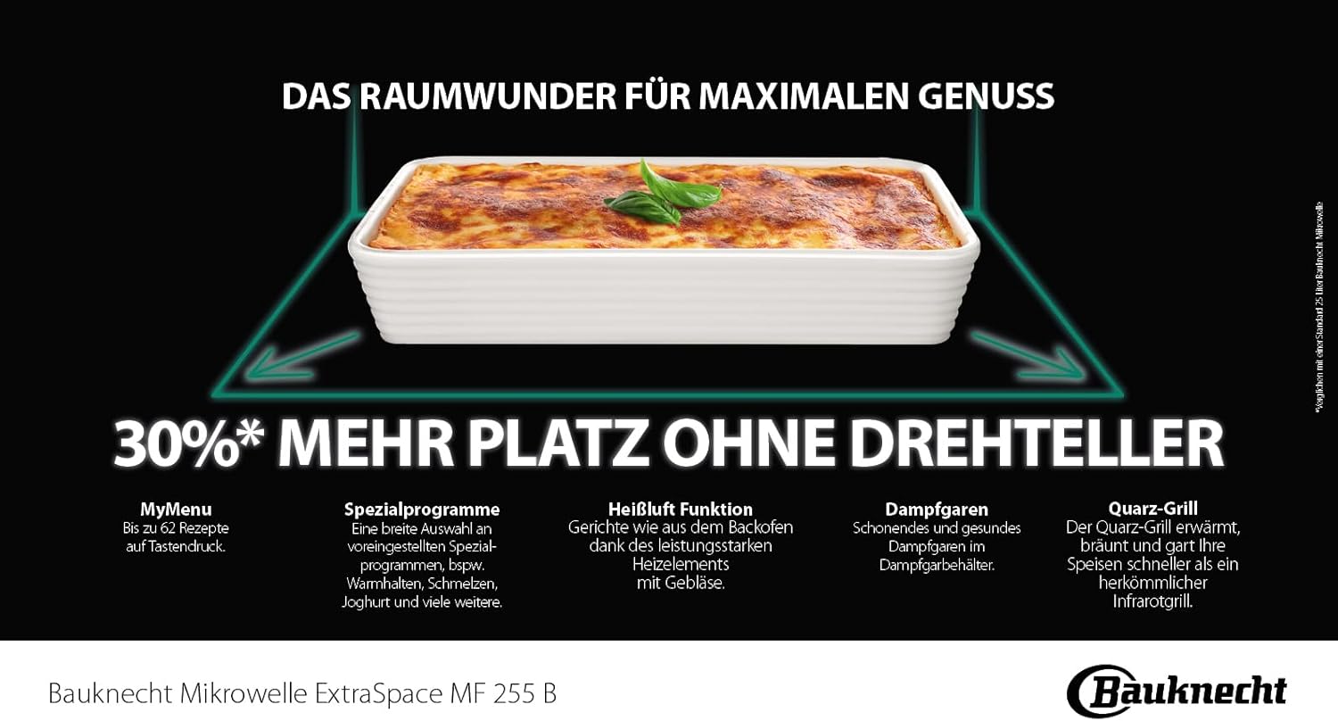 Bauknecht MF 255 B - Micro-ondes extra espace - Sans plateau tournant - My Menu - Programmes spéciaux - Cuisson à vapeur avec récipient de cuisson à la vapeur - Air chaud - Barbecue à quartz -