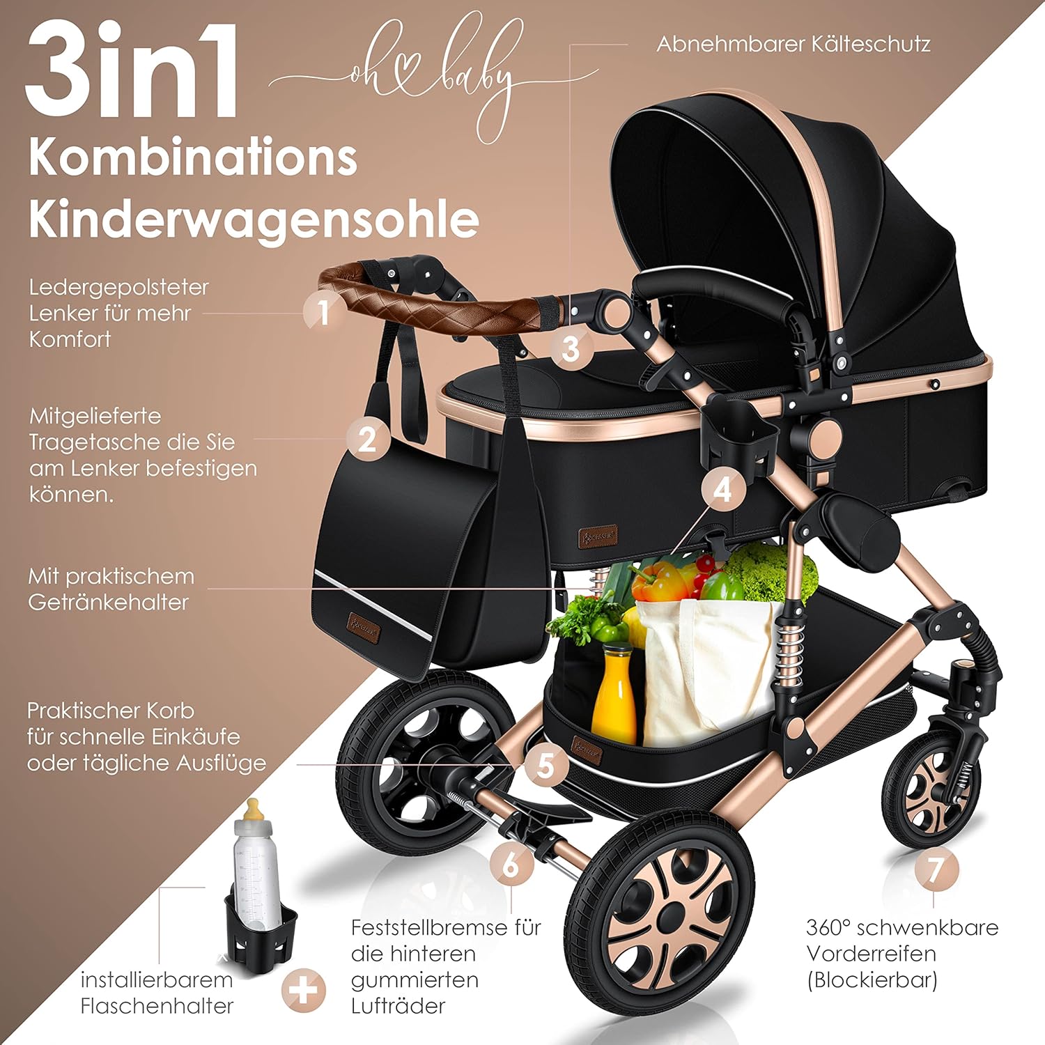 KESSER® Poussette combinée 3en1 Set incl. baignoire bébé poussette Siège sport & siège auto pour bébé Pneus pleins en caoutchouc Sac à langer Protection pluie Table pour enfant ECE R129 noir/champagne