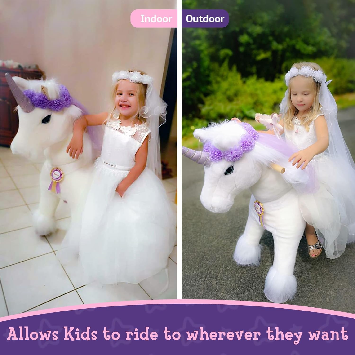 PonyCycle Officiel Prime Modèle K Ride sur Le Jouet Licorne Licorne Animal Marchant en Peluche avec Corne Violette Taille 4 pour Âge 4-8 Ans Taille Moyenne K41