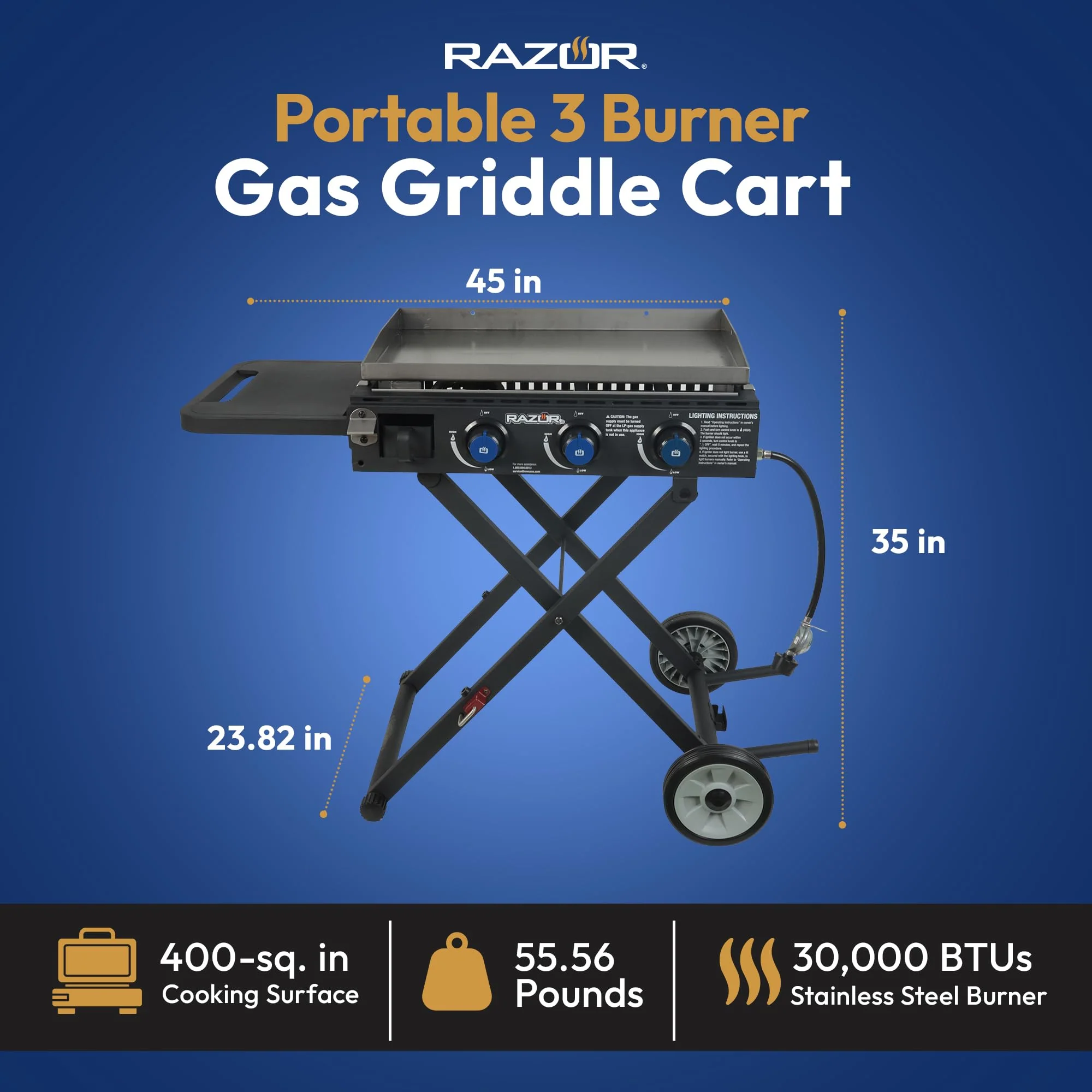 Razor Griddle Gas Grill & Griddle for Backyard Cooking and Camping, Portable Grill with Cart & Side Shelf