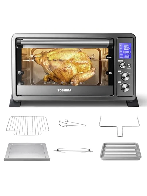 TOSHIBA AC25CEW-BS Large 6-Slice Convection Toaster Oven Countertop, 10-In-One with Toast, Pizza and Rotisserie, 1500W, Black Stainless Steel, Includes 6 Accessories