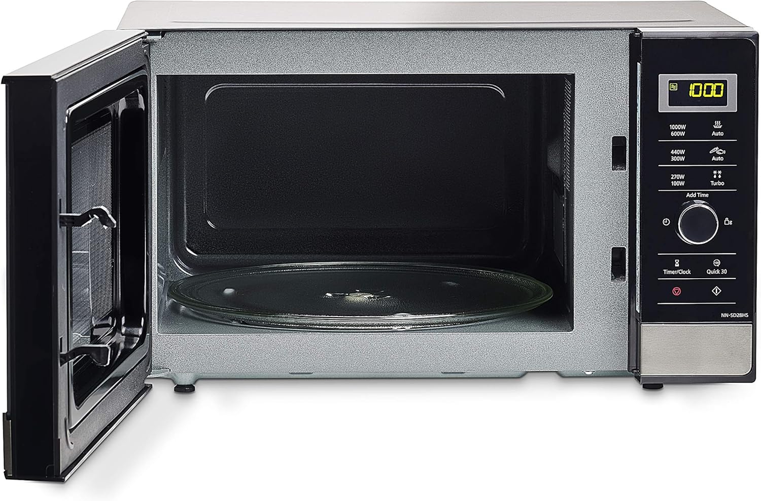 Panasonic NN-SD27HSUPG Four Micro-Ondes Technologie Inverter Plateau Tournant en Verre, 23L, 1000W, 10 Prog auto, Décongélation Chaos, 6 Puissances, Minuterie, Affichage LED, Acier Inoxydable Argent