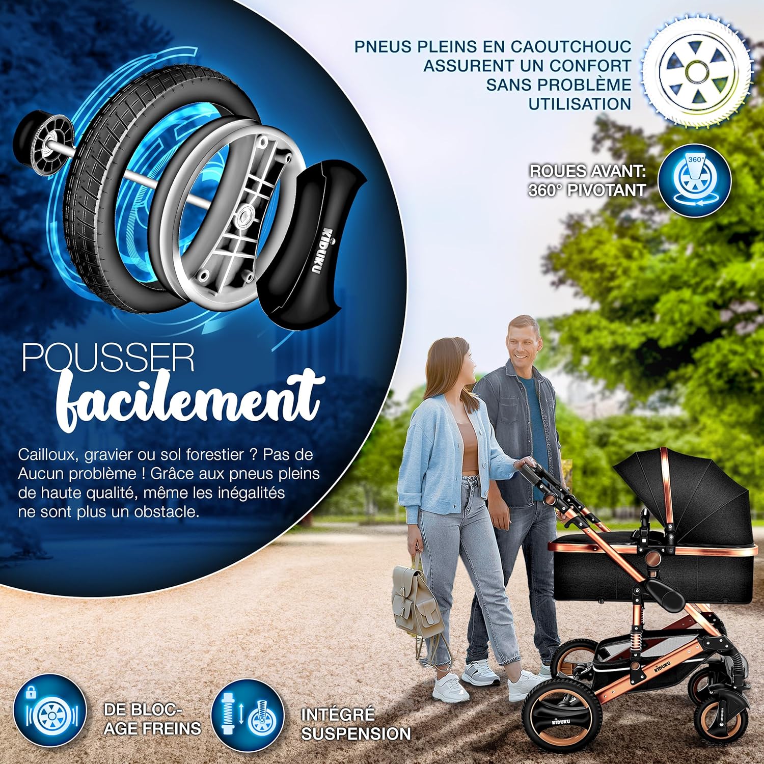 KIDUKU® Poussette Combinée 3 en 1 | Trio pour Enfants | Siége Auto Légère, Piable | Nacelle Souple Convertible | Set de Voyage (Noir/Champagne)