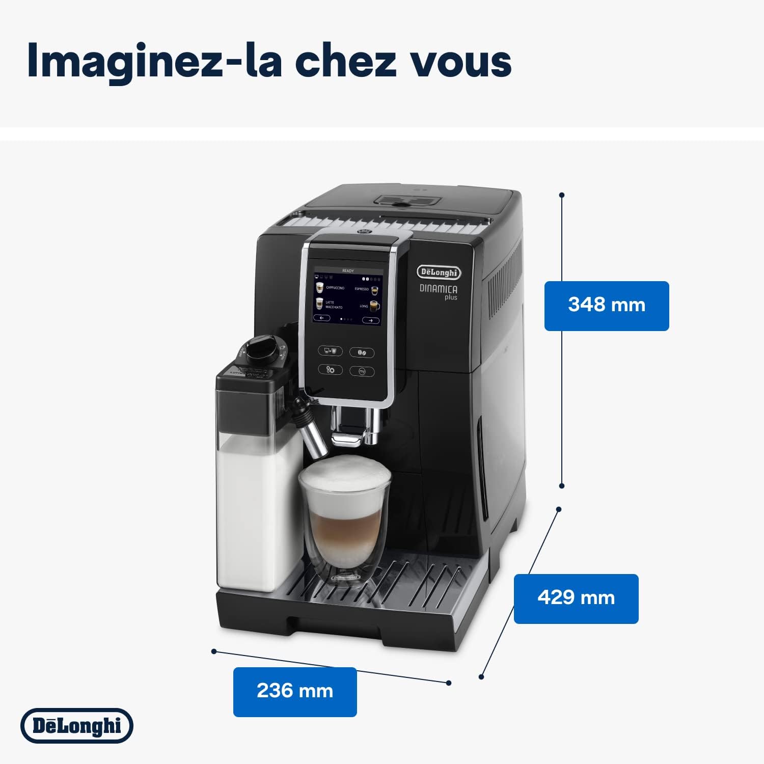 De'Longhi Dinamica Plus ECAM 370.70.B, Machine Expresso avec Broyeur, Système LatteCrema, Technologie Smart One Touch, Ecran Tactile Complet, Fonction My, 1.8l, Noir