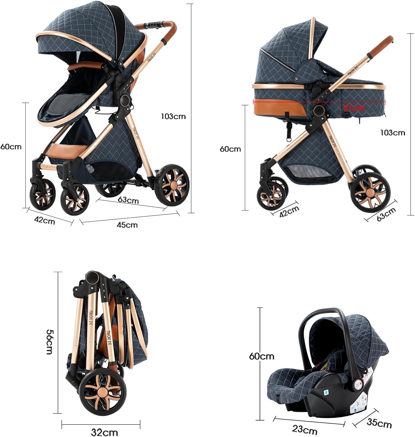 Magic ZC Poussette 3 en 1, Poussette Bebe avec Conception Portable Pliable en Un Clic, Pousette 3 en 1 avec Poussée Réversible Bidirectionnelle, Poussette Trio avec Accessoires (black gold 588)