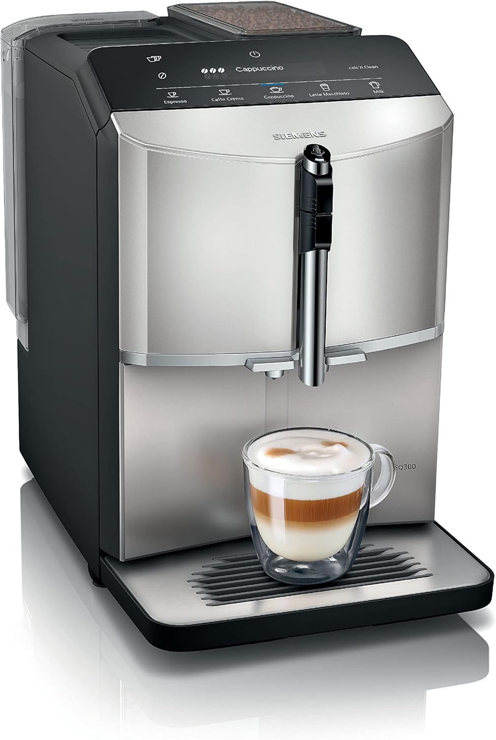SIEMENS, machine à café tout automatique, EQ300, ceramDrive, milkPerfect, fonction oneTouch, noir piano, TF301E19