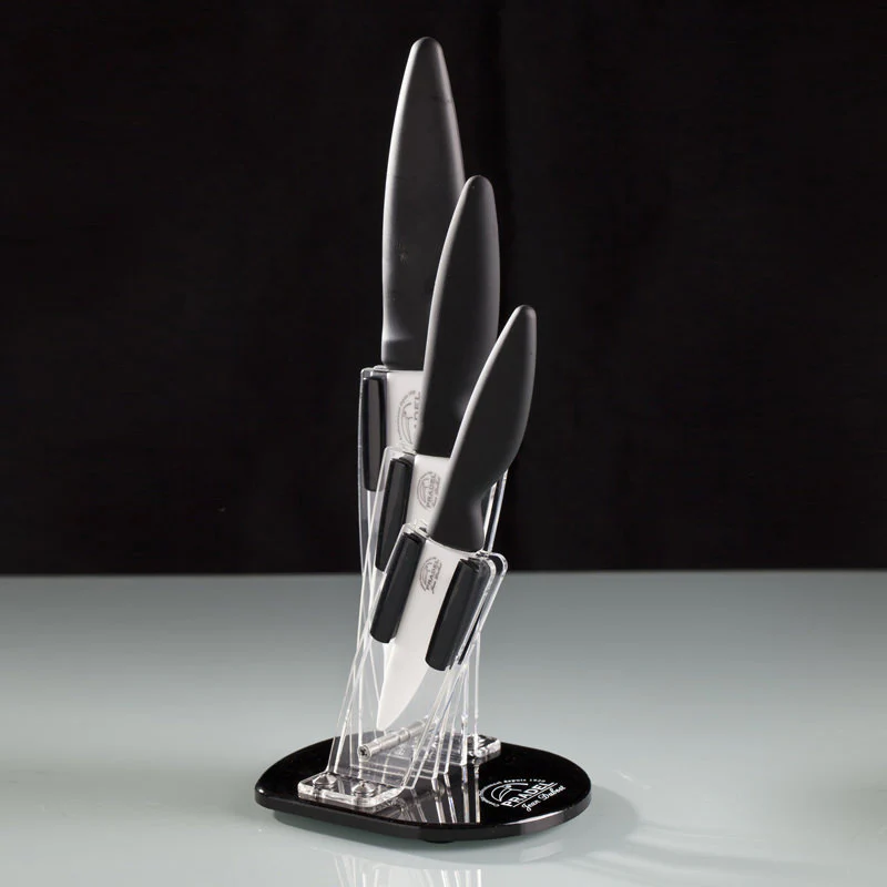 Bloc en plexi transparent + 3 couteaux en céramique Jean Dubost