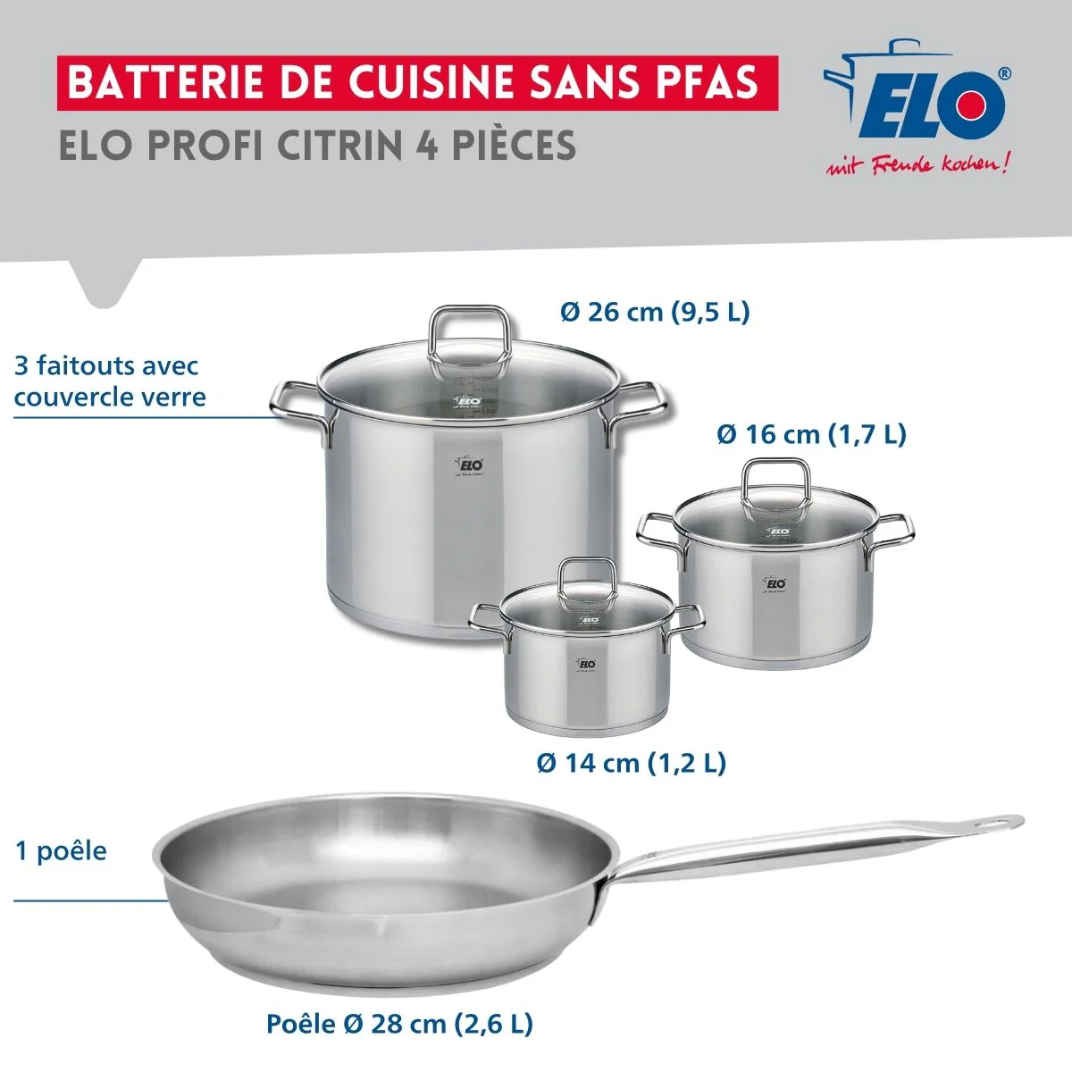 Ensemble de 1 Poêle de cuisson 28 cm et 3 faitouts 14, 16 et 26 cm Elo Profi Citrin Elo