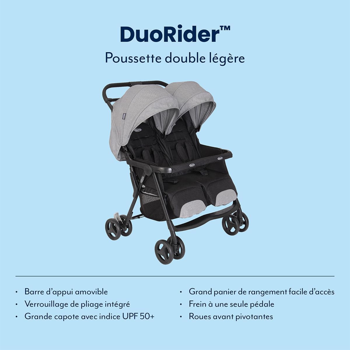 Graco DuoRider Poussette double légère, de la naissance à environ 3 ans (0-15 kg), dossiers réglables, pliable, grand panier de rangement, gris, Steeple Gray