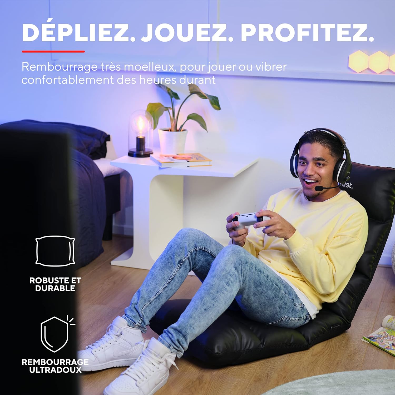 Trust Gaming GXT 718 Rayzee Chaise Gaming Pliable, Coussin De Sol pour Consoles, Appuie-tête et Dossier Réglables, Supporte Jusqu'à 125 kg, Fauteuil Gamer pour Jeux, Relax, Enfant, Lecture, Noir