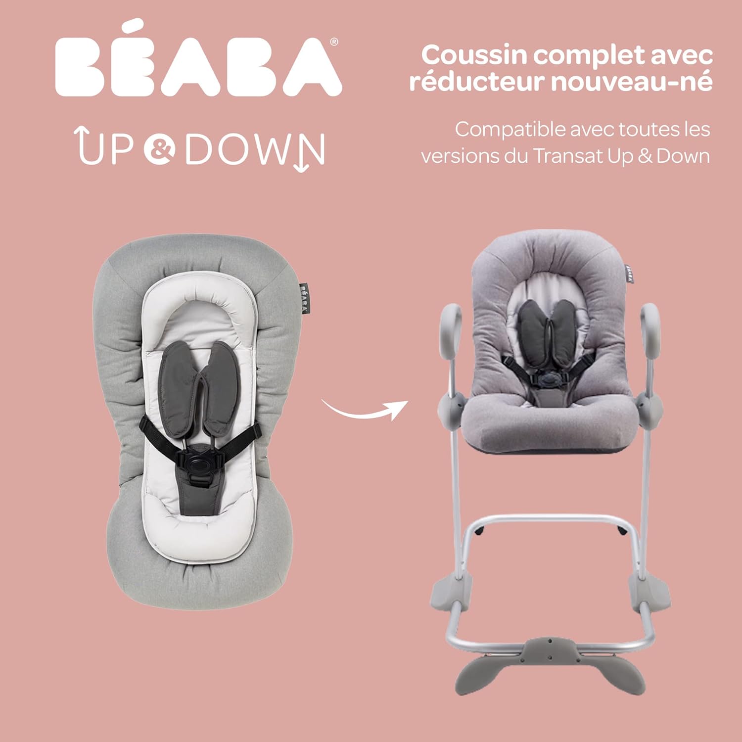 Béaba, Transat Up & Down IV, Transat Réglable en Hauteur, Unisexe pour Bébé et Enfants, 3 Positions d'Inclinaison, Harnais Sécurité 5 Points, Réducteur de Naissance, Gris minéral et miel