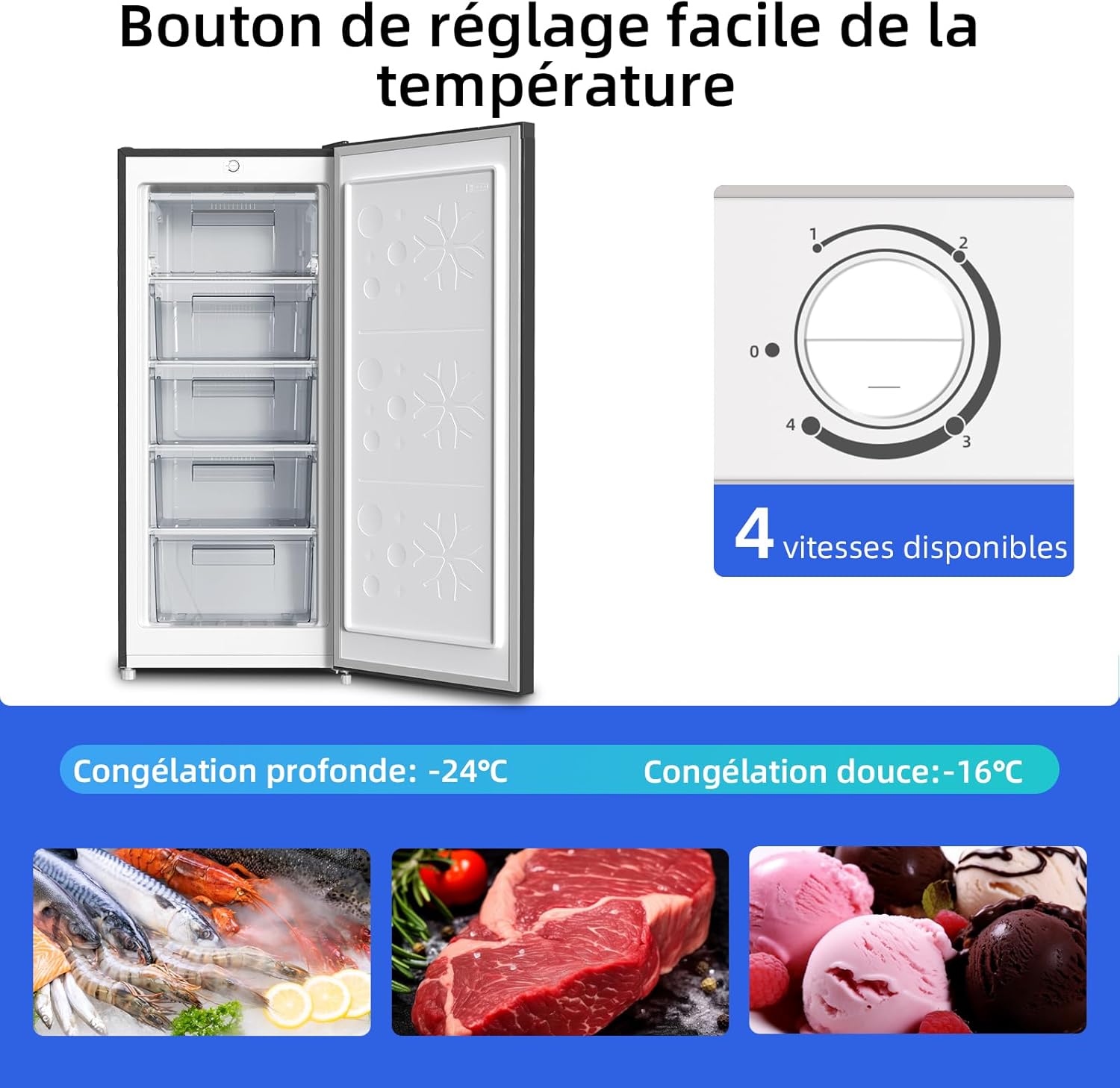 CHiQ Congélateur armoire avec une capacité de 145L, Congélation rapide, Thermostat réglable, Silencieux, Porte réversible, Noir, Classe énergétique E FSD160D4E