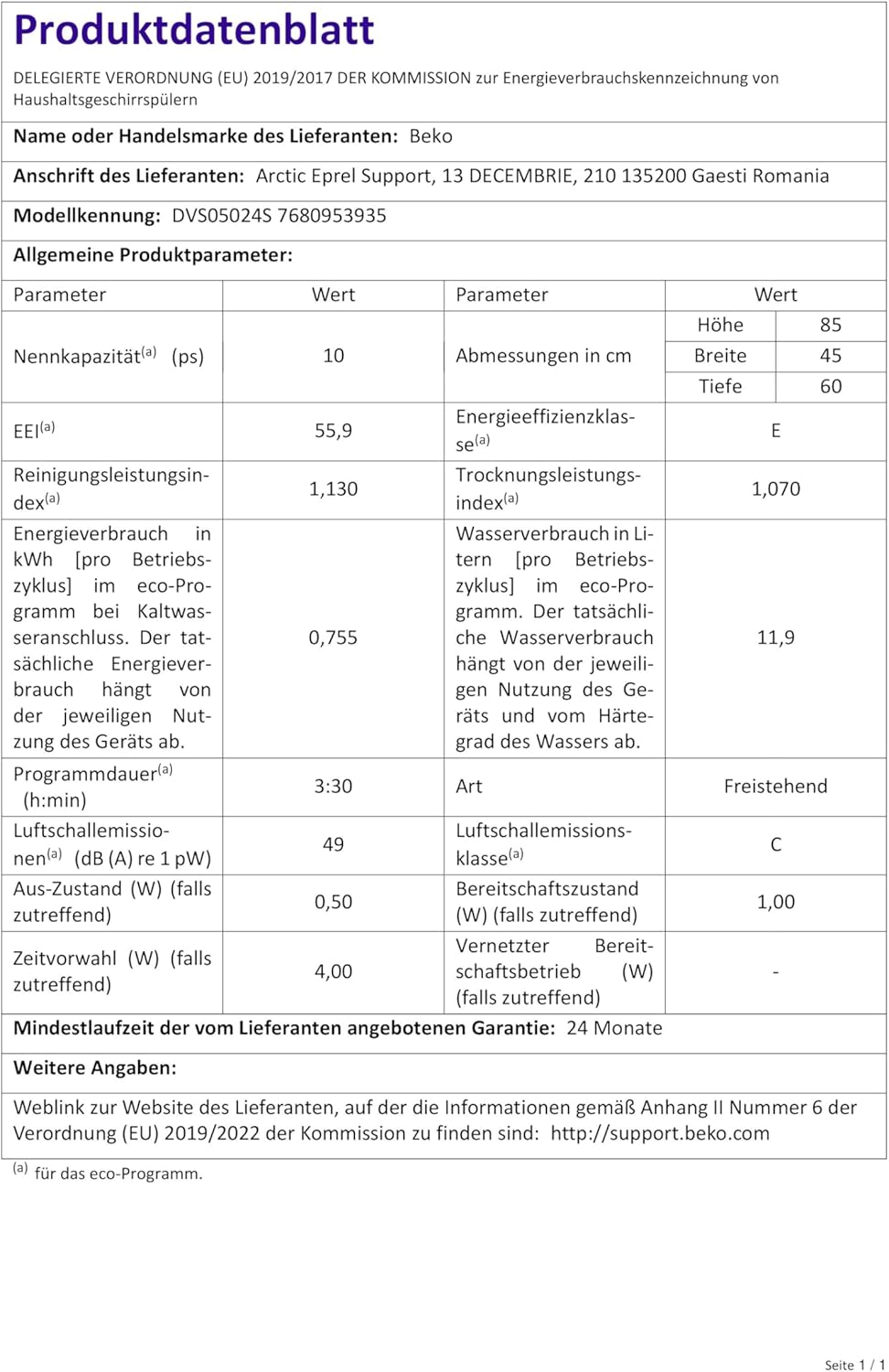 Beko DVS05024S lave-vaisselle Autoportante 10 couverts Argent