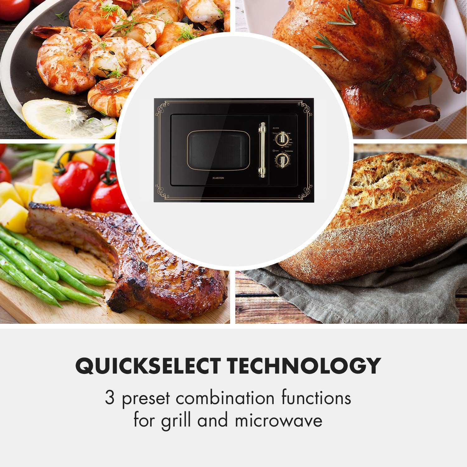 Klarstein Victoria 20 - micro-ondes encastrable, design rétro, 20L, micro-ondes 800W / puissance de gril 1000W, 3 fonctions grill/micro-ondes, acier inoxydable, cadre de montage, ivoire