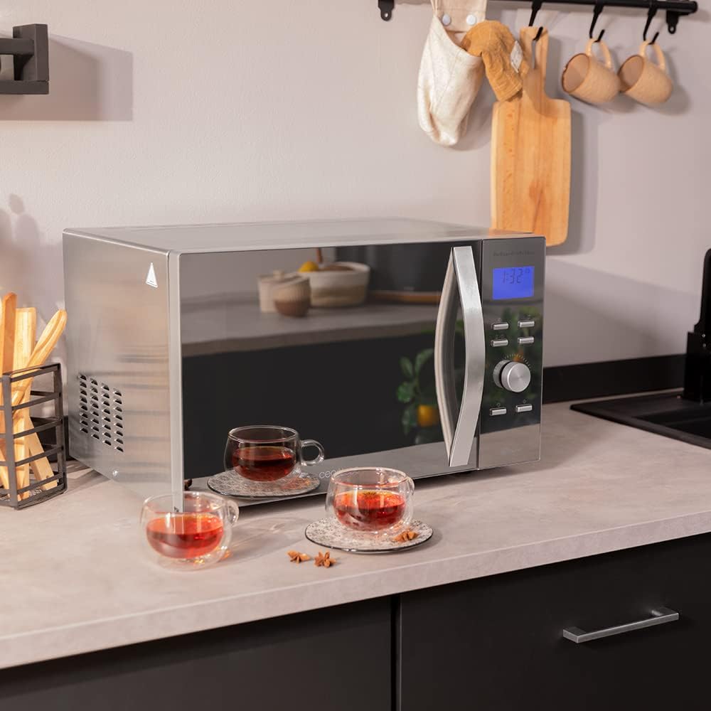 Cecotec Four à micro-ondes ProClean 9110 FullINOX avec grill 1000 W, 30 litres, 5 niveaux de puissance, 8 programmes, minuterie de 60 minutes, revêtement Ready2Clean, design avant miroir