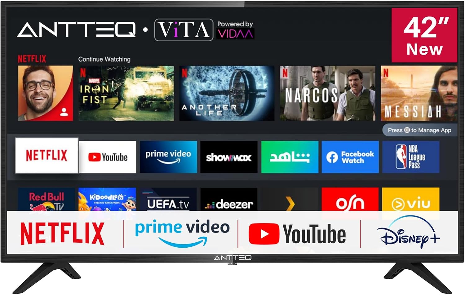 Antteq AB42D1 télévision 42 Pouces (TV 107 cm), Dolby Audio, LED, Triple Tuner DVB-C / T2 / S2, CI+, HDMI, Lecteur multimédia Via USB, Sortie Audio numérique, y Compris Mode hôtel