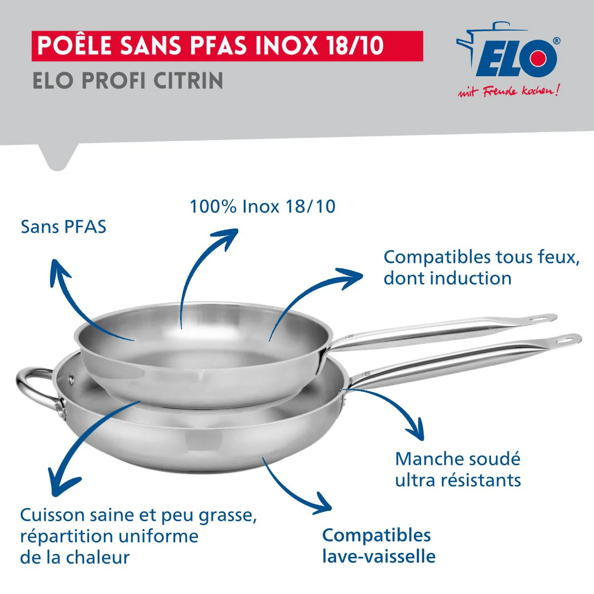 Ensemble de 2 Poêles de cuisson 28 et 32 cm et 1 faitout 16 cm Elo Profi Citrin Elo