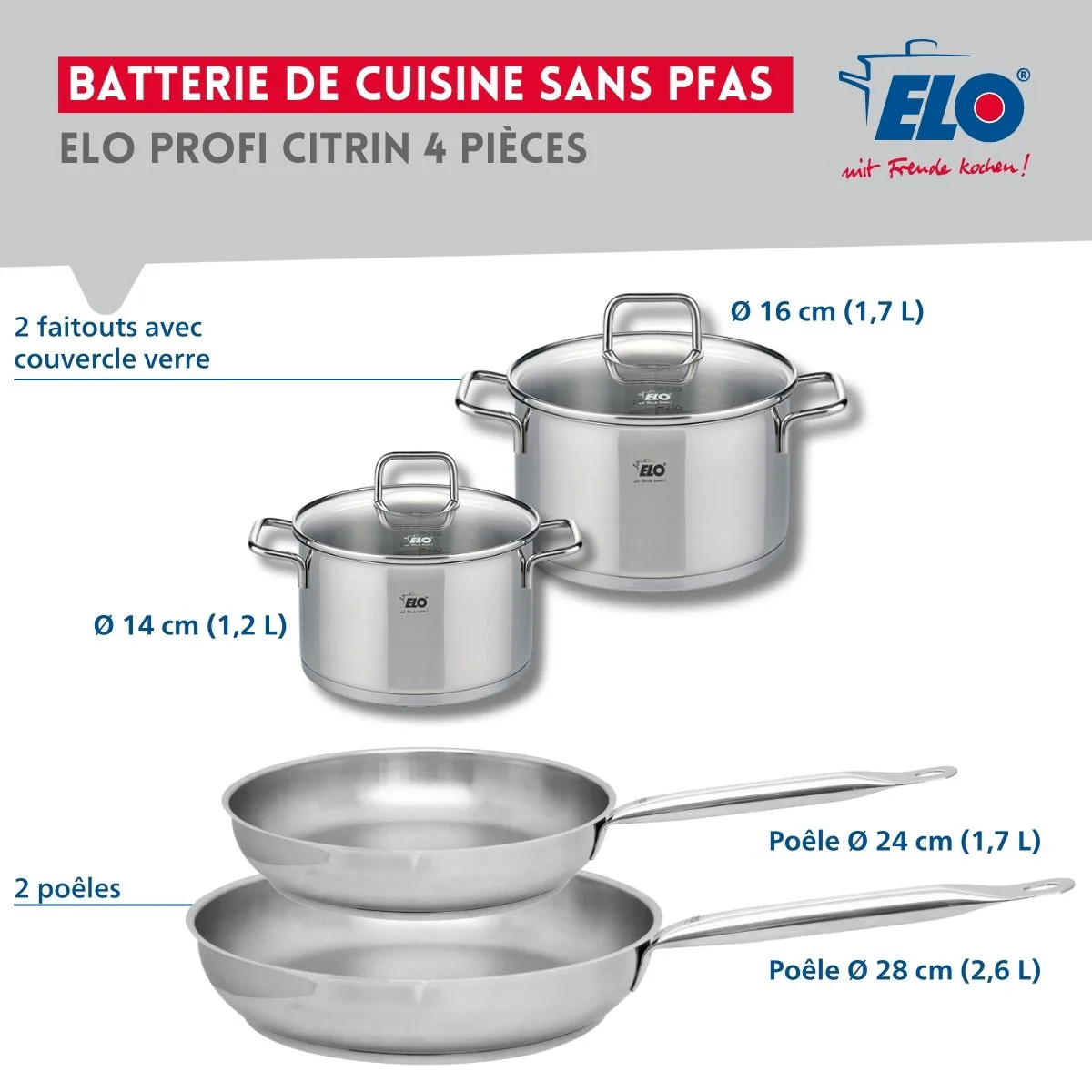 Set de 2 Poêles de cuisson 24 et 28 cm et 2 faitouts 14 et 16 cm Elo Profi Citrin Elo