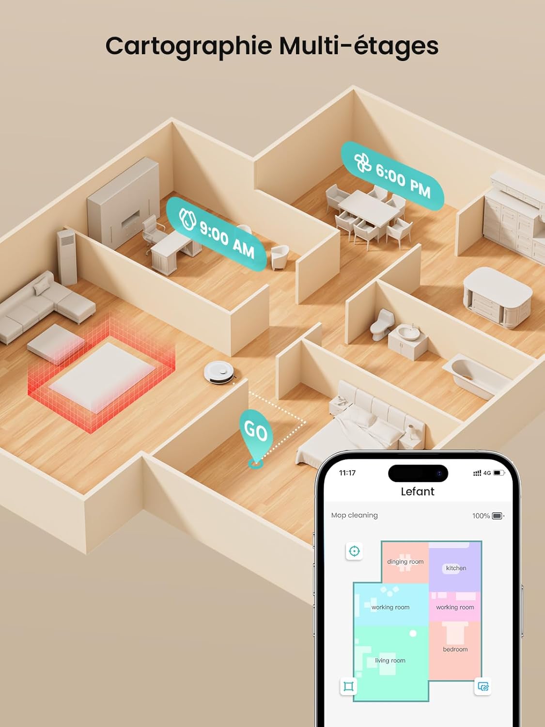 Lefant Robot Aspirateur Laveur Robot 2 en 1 4000Pa,Navigation LiDAR,Cartographie Multi-étage,Zones Virtuelles, Connecté Alexa/APP/WiFi,Idéal pour Poils d'animaux Tapis Sols Durs,M1 Champagne