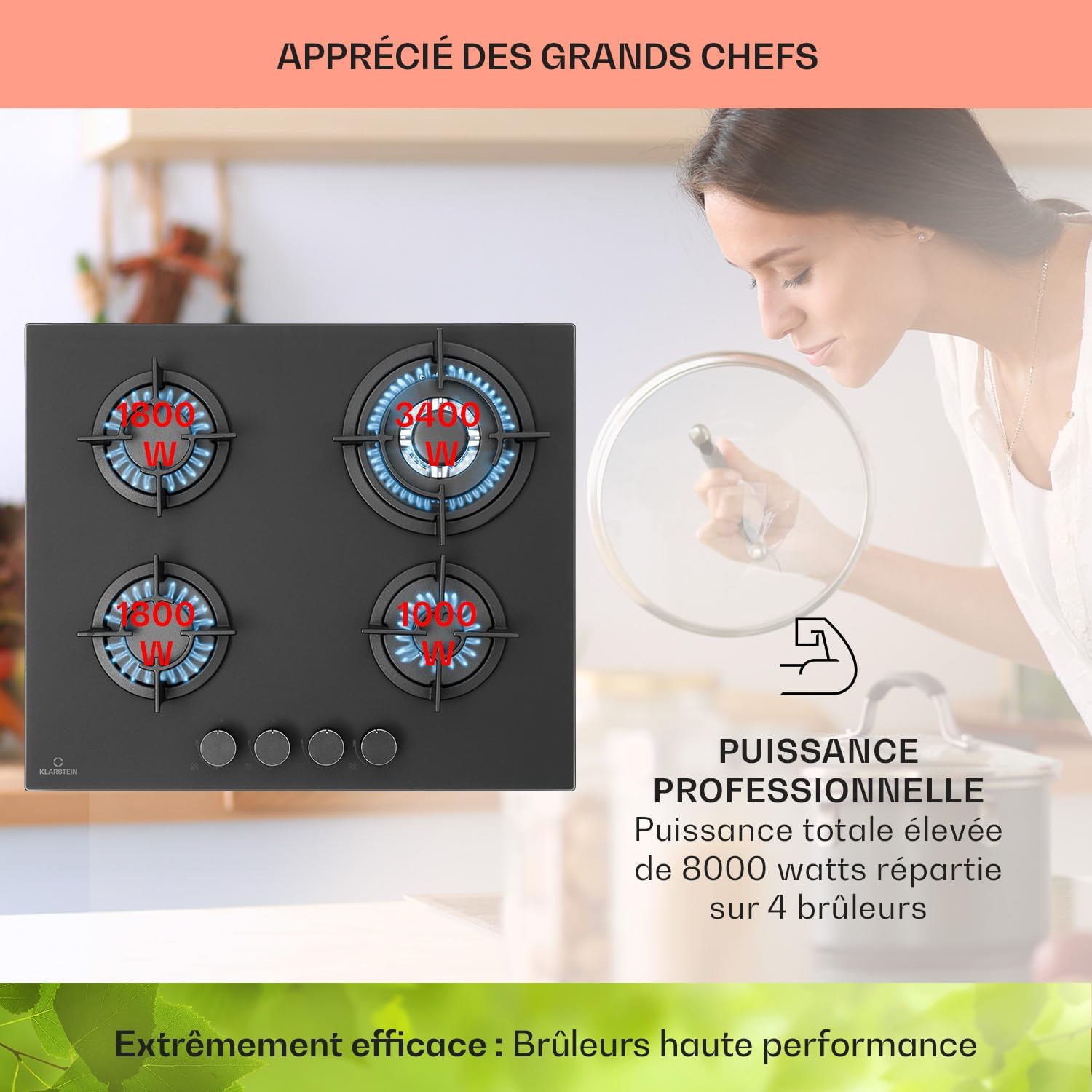 Klarstein Table de Cuisson à Gaz, Plaque de Cuisson Gaz à 4 Brûleurs, Table de Cuisson Electrique à 4 Feux de 8000W, Cuisiniere Gaz, Gaziniere Gaz avec Brûleurs en Acier Inoxydable, Cuisinières GPL