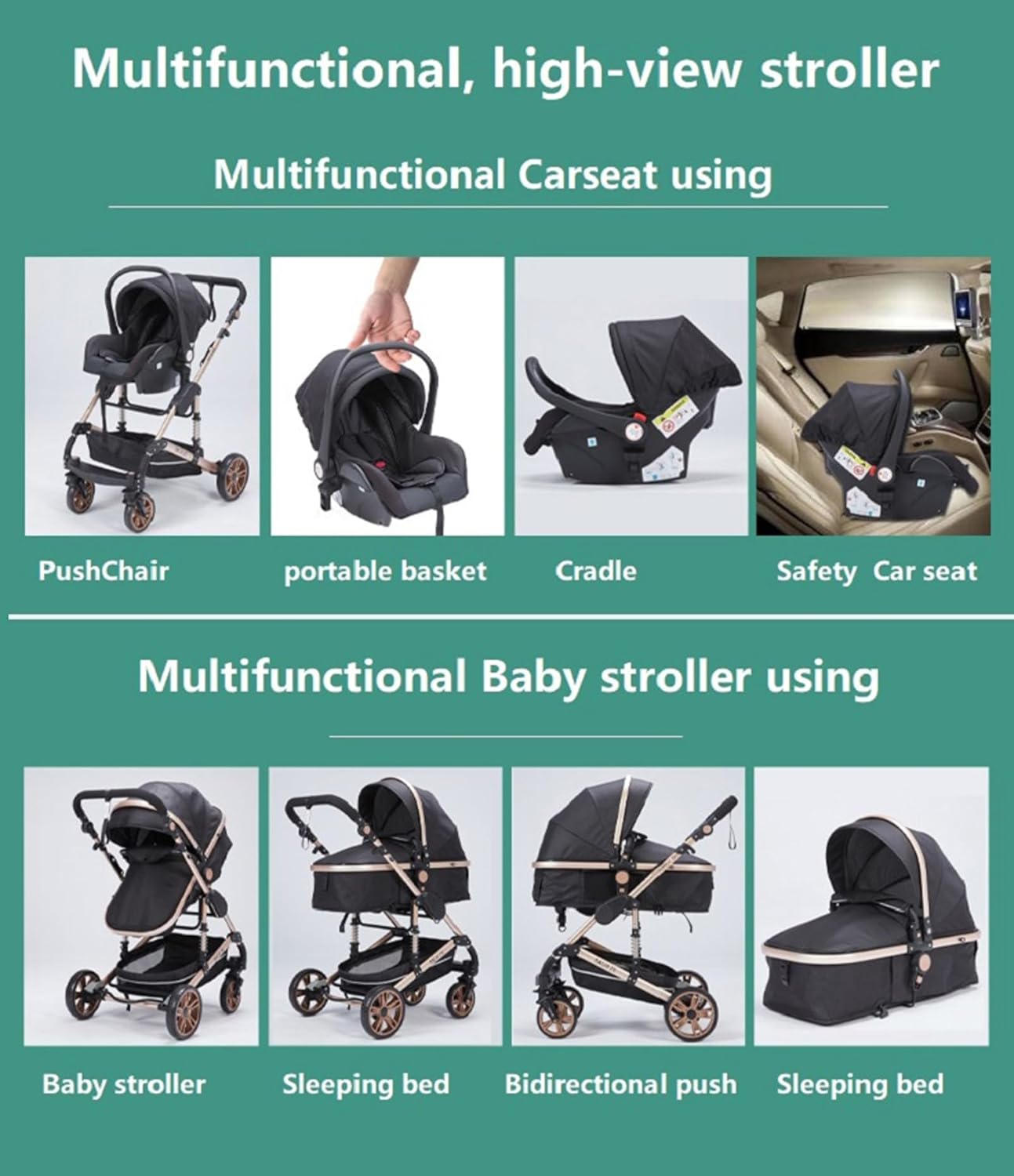 NADDLILY Poussette 3 en 1, Poussette Bebe avec Conception Portable Pliable en Un Clic, Pousette 3 en 1 avec Poussée Réversible Bidirectionnelle, Poussette Canne avec Accessoires (V9 Black)