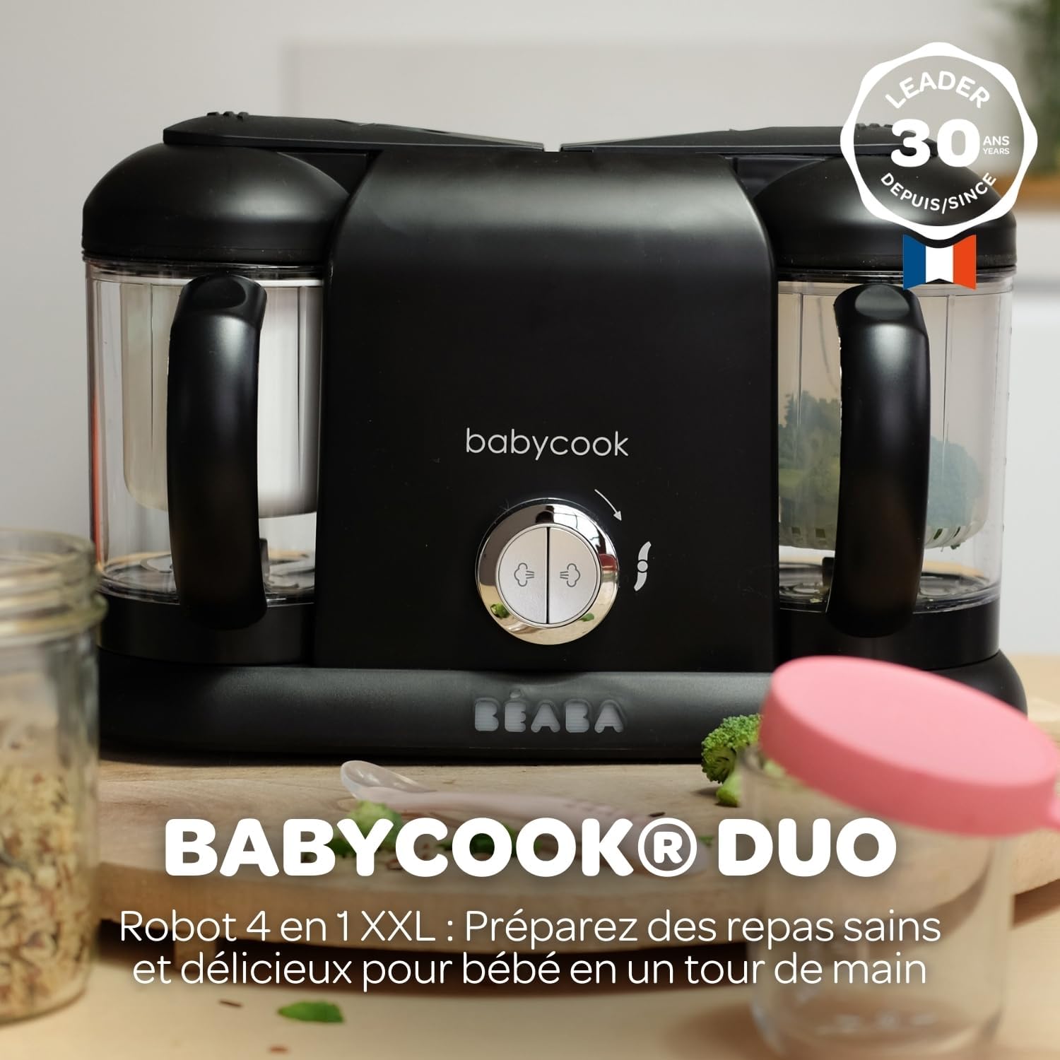 BÉABA, Babycook Duo Robot Bébé 4 en 1 Mixeur-Cuiseur, Cuisson Vapeur rapide 15min , Diversification alimentaire, Petits pots bébé maison, Contenance XXL 2200 ml, Noir