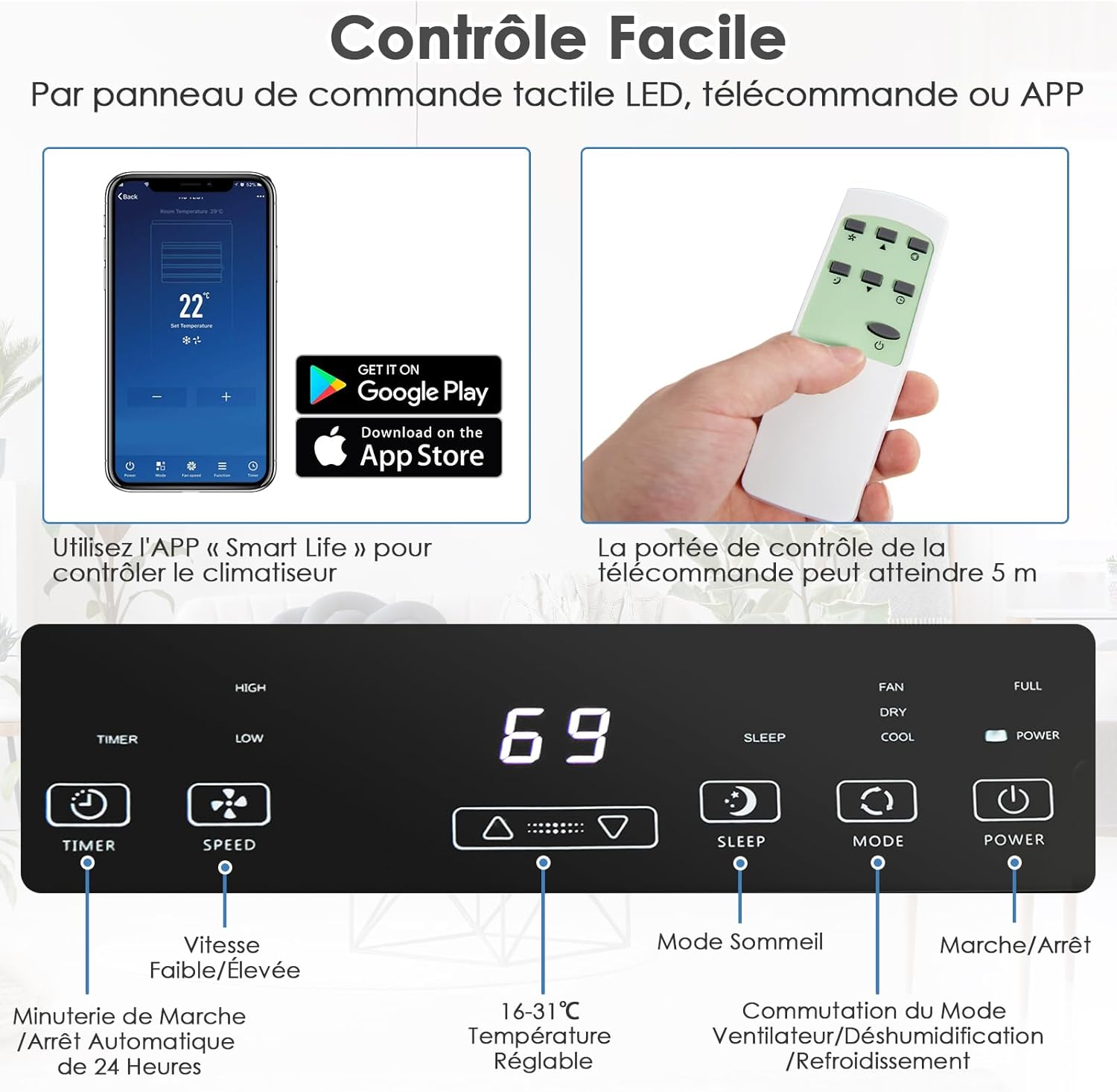 RELAX4LIFE Climatiseur Mobile Silencieux 9000BTU, Climatiseur Portable 4 en 1, Refroidisseur d'Air, Ventilateur, Déshumidificateur, Mode Nuit, 15-20㎡, Télécommande, Minuterie 24H, Classe Energie A