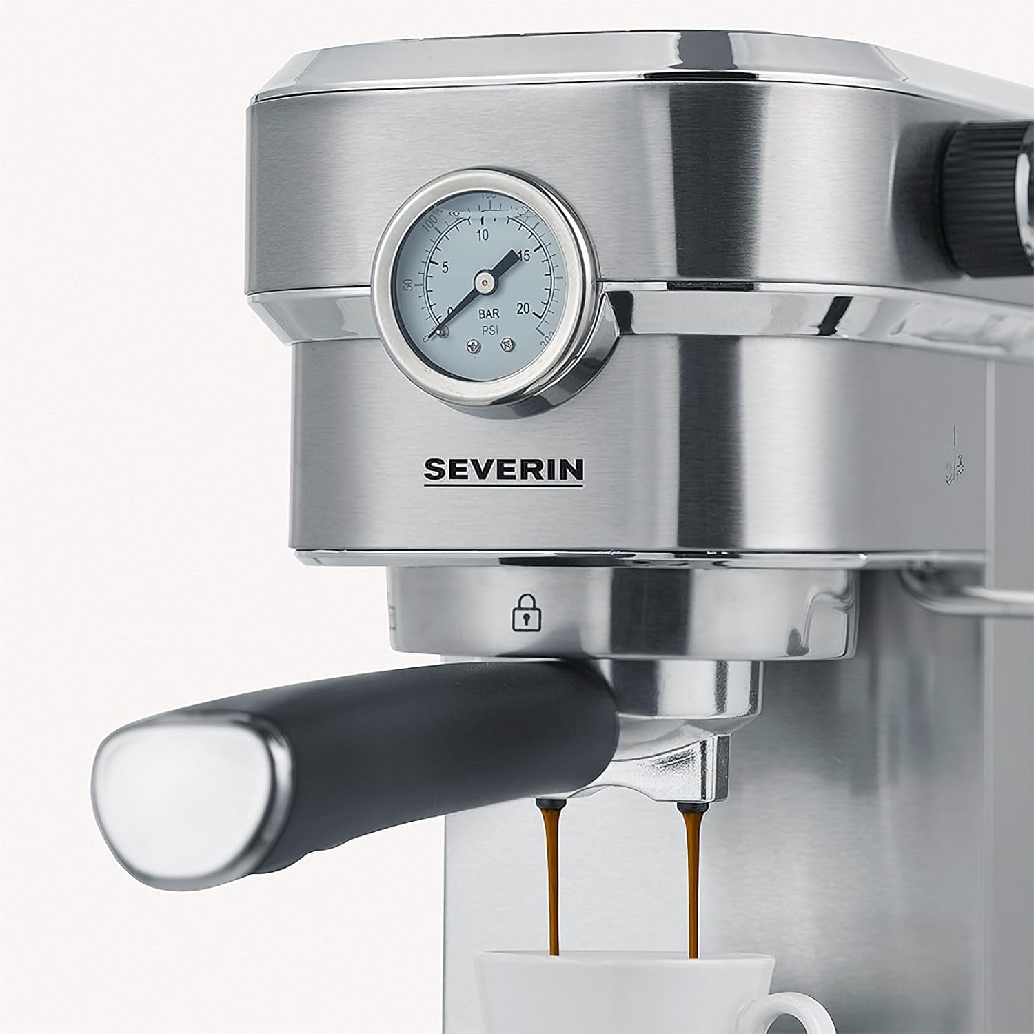 SEVERIN Cafetière Expresso Espresa Plus, 1 350W, 1,1 L, Manomètre intégré, Pompe 15 bars, Set barista inclus, Inox/Noir, KA 5995