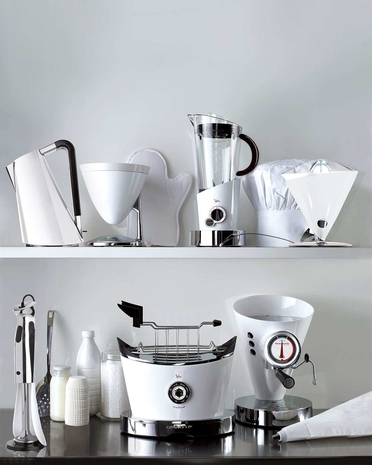 BUGATTI, Volo, Grille-Pain Électrique, 4 Fonctions, 6 Niveaux de Grillage, Design Innovant, Corps en Acier Inoxydable, Puissance 930 W (Chrome)