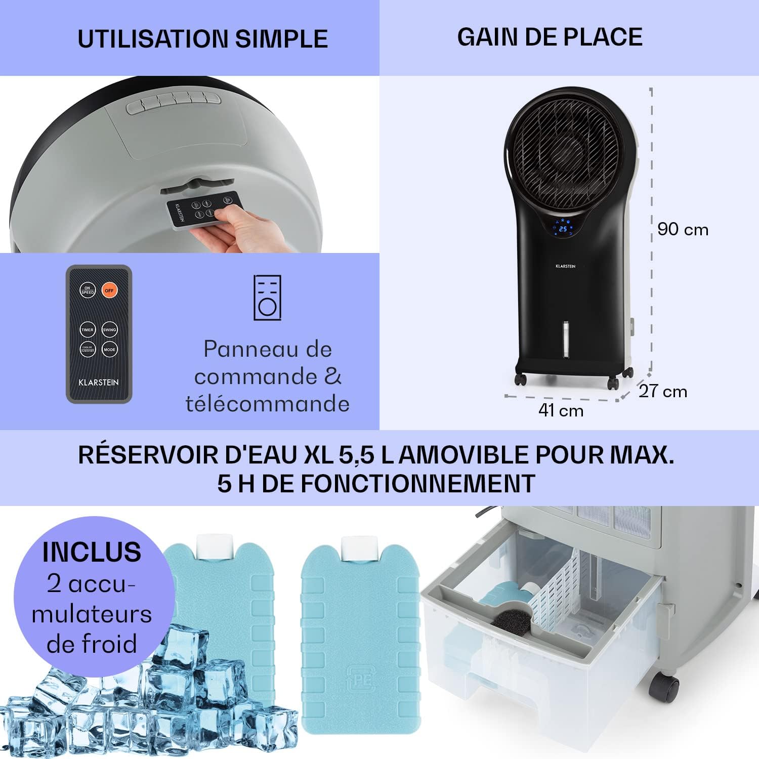 Klarstein Climatiseur Mobile 3 en 1, Climatiseur Portable avec Humidificateur, Ventilateur, Climatiseur Mobile Sans Évacuation, 2 Pack Glacons, Minuterie, 3 Modes, 90W, Puissant Débit d'Air 1600m³/h