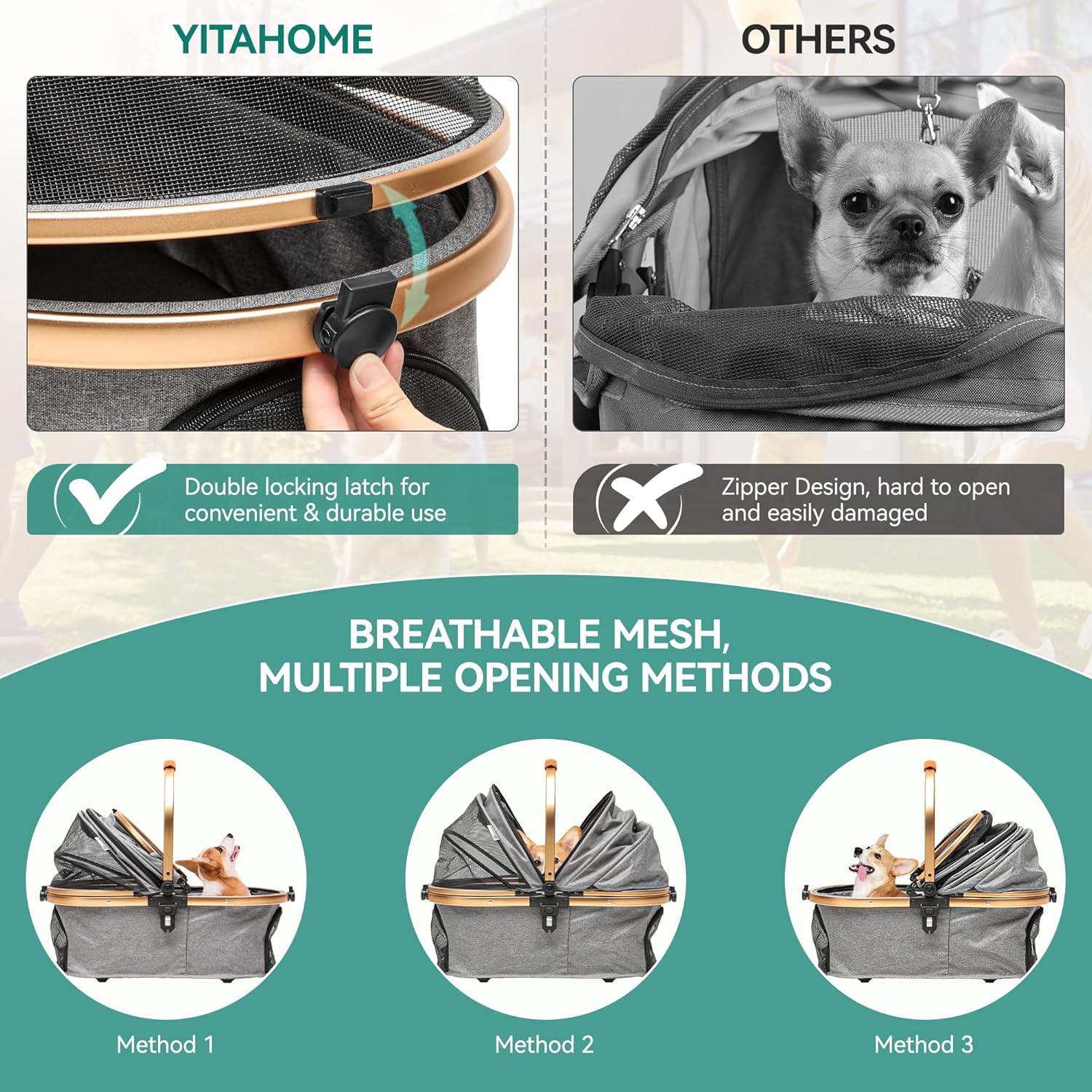 YITAHOME Poussette Chien 3-en-1, Poussette pour Chien Chat, Poussette Chien Tout Terrain, Voyage Transporteur Amovible, Pliable Portable Landau pour Animaux (Noir)