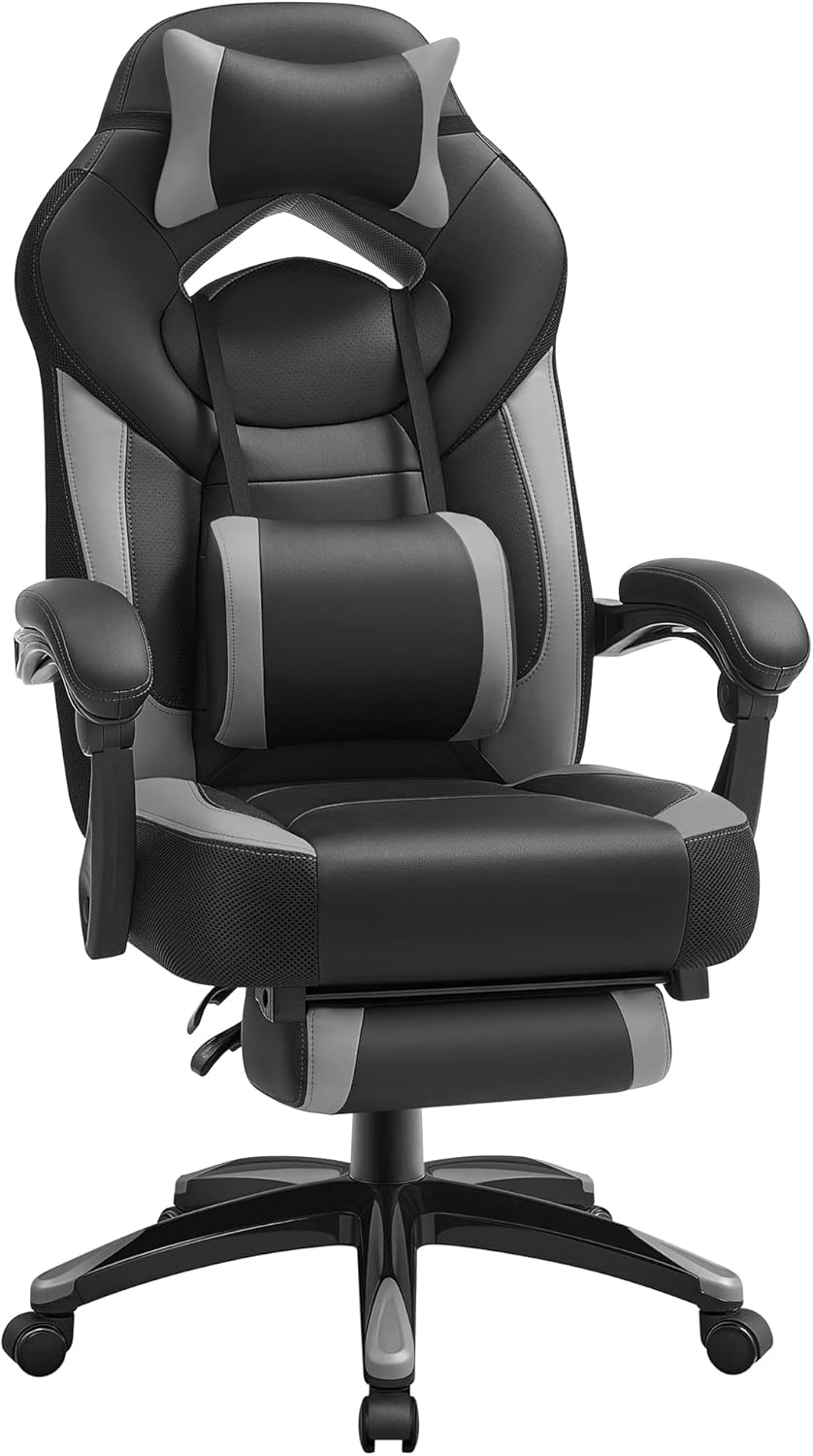 SONGMICS Fauteuil Gamer Ergonomique, Chaise Gaming, Fauteuil de Bureau, avec Repose-Pieds télescopique, Appui-tête réglable, Support Lombaire, capacité de Charge 150 kg, Gris et Noir OBG77BG