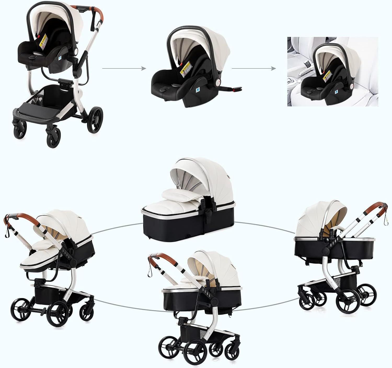 Magic ZC Poussette 3 en 1, Poussette Bebe avec Conception Portable Pliable en Un Clic, Pousette 3 en 1 avec Poussée Réversible Bidirectionnelle, Poussette Trio avec Accessoires (black gold 588)